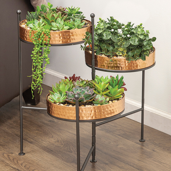 3-Tier Metal Plant Stand with Hammered Copper Trays Indoor & Outdoor