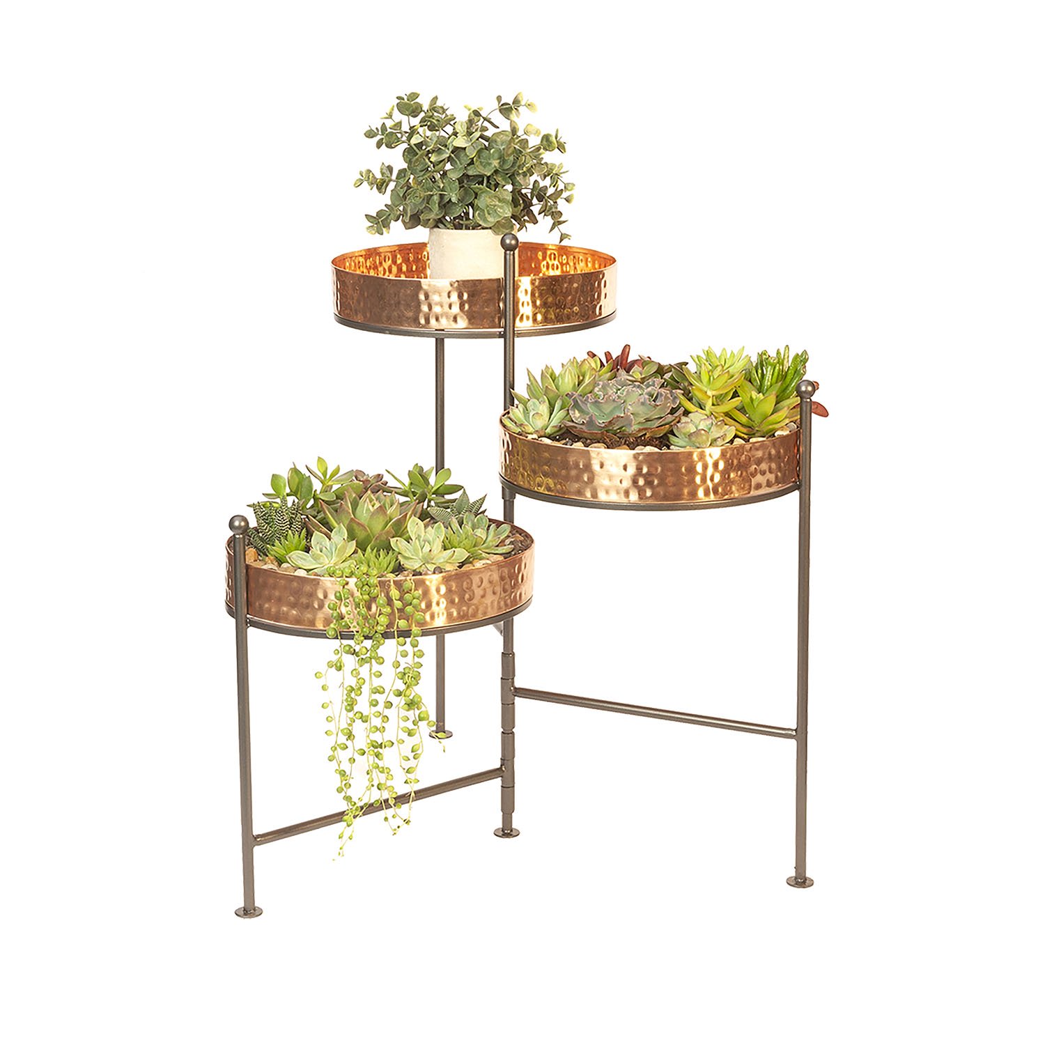 3-Tier Metal Plant Stand with Hammered Copper Trays Indoor & Outdoor