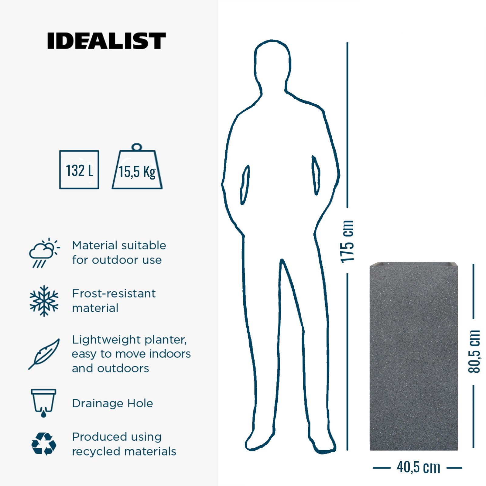 IDEALIST Lite Textured Concrete Effect Tall Square Outdoor Planter