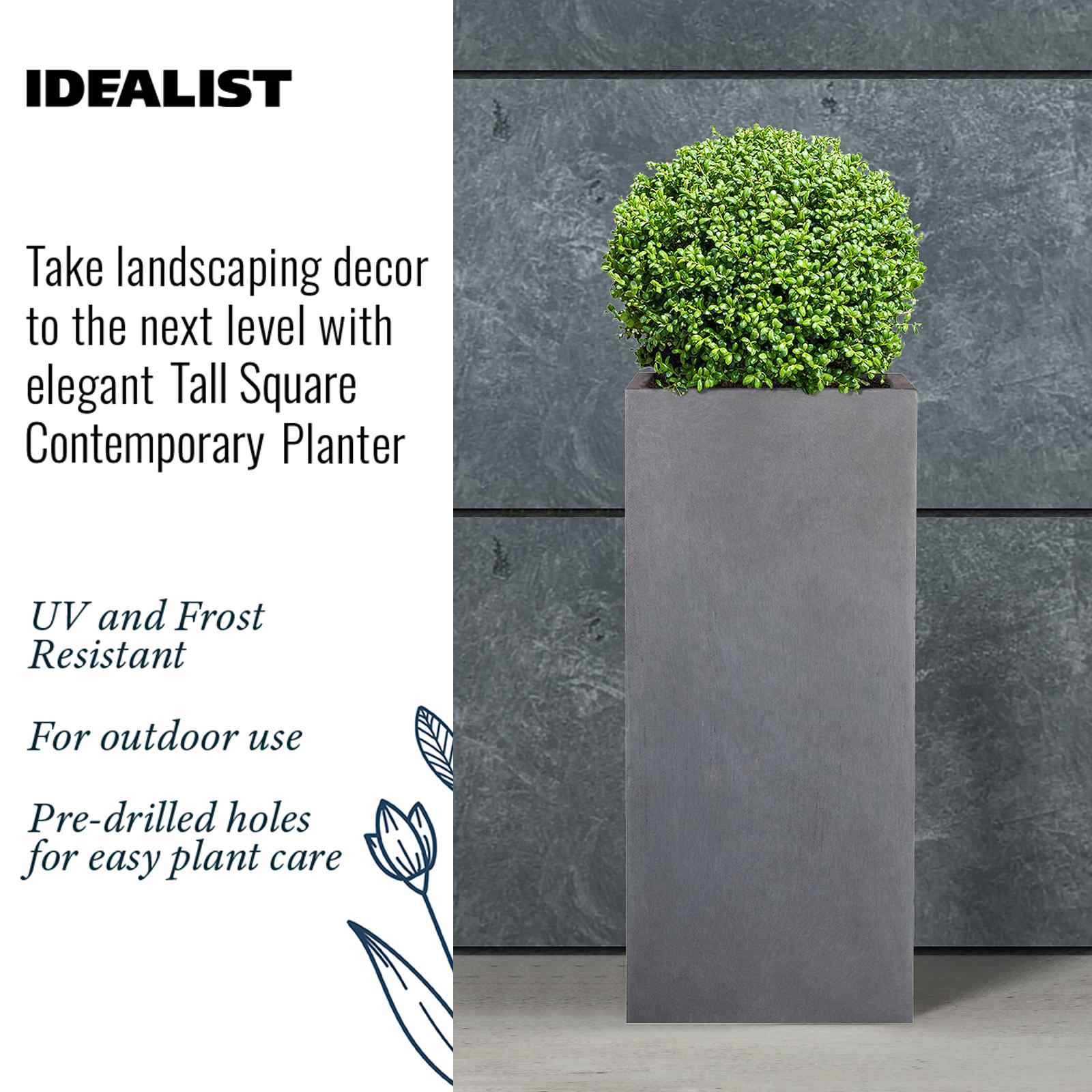 IDEALIST Lite Tall Square Contemporary Light Concrete Planter Set