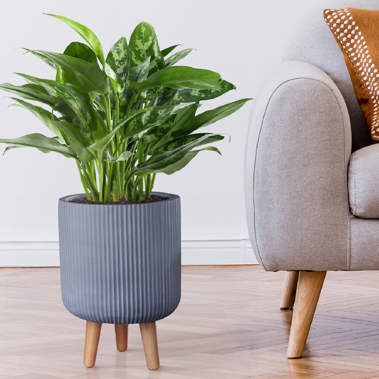 IDEALIST Lite Ribbed Cylinder Planter on Legs, Round Pot Plant Stand Indoor