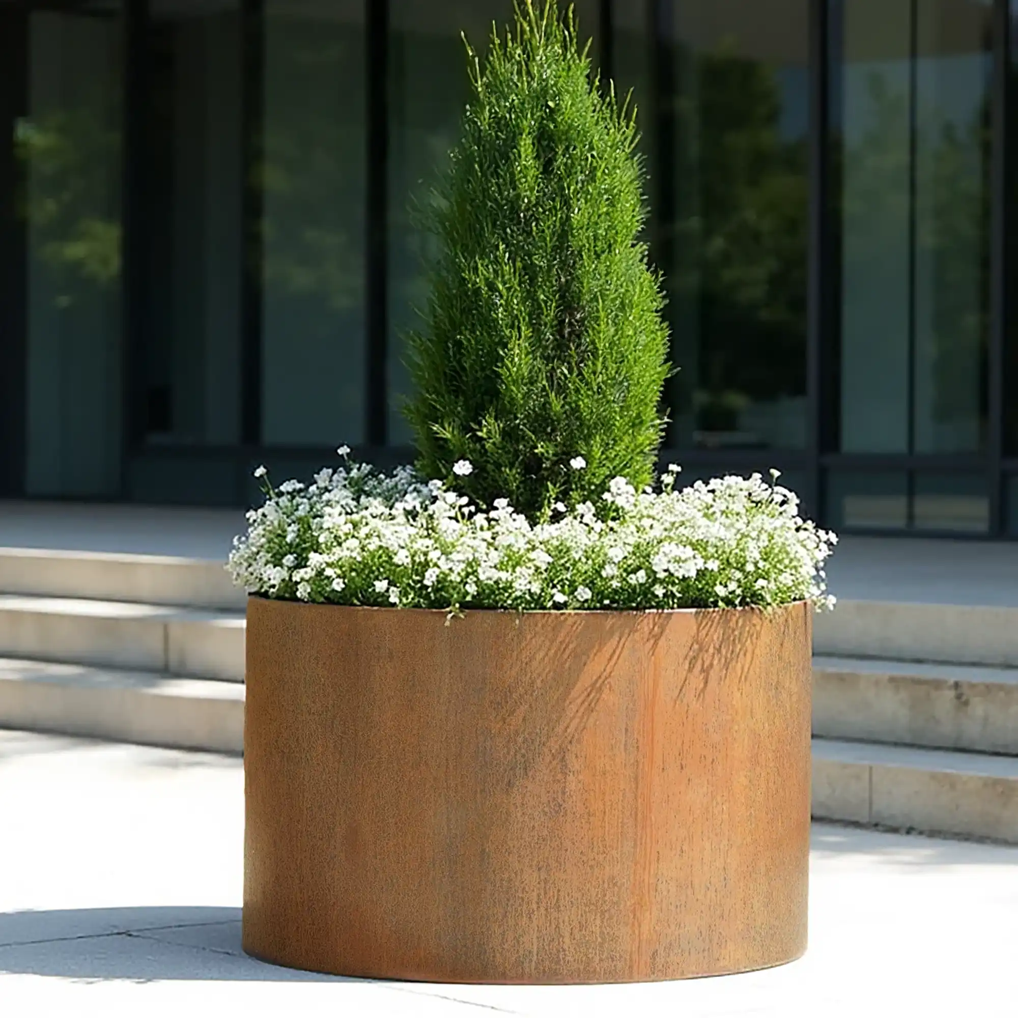 Atlas Round Tall Corten Steel Outdoor Planter