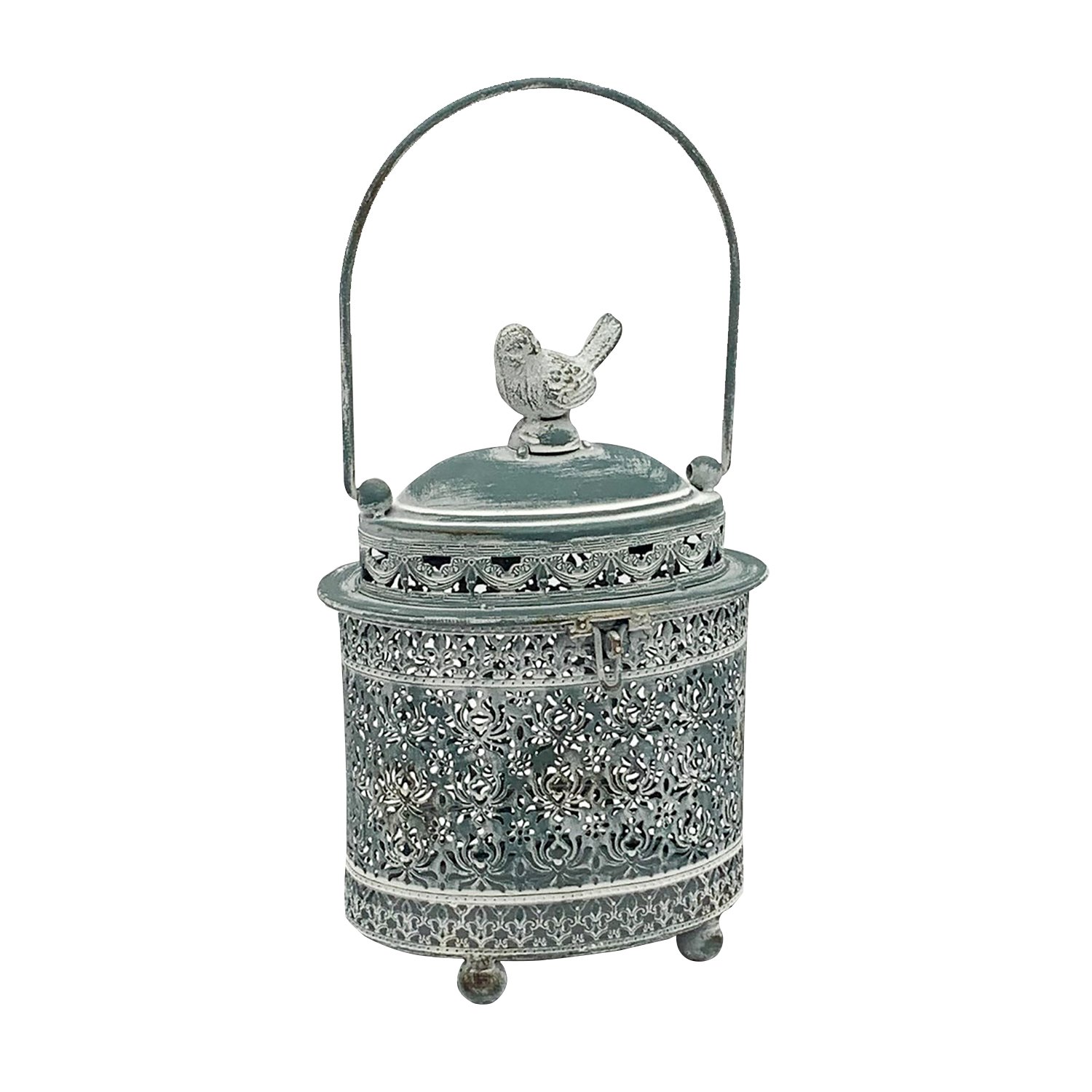 Oval Metal Vintage Garden Silver Lantern with Bird by Minster