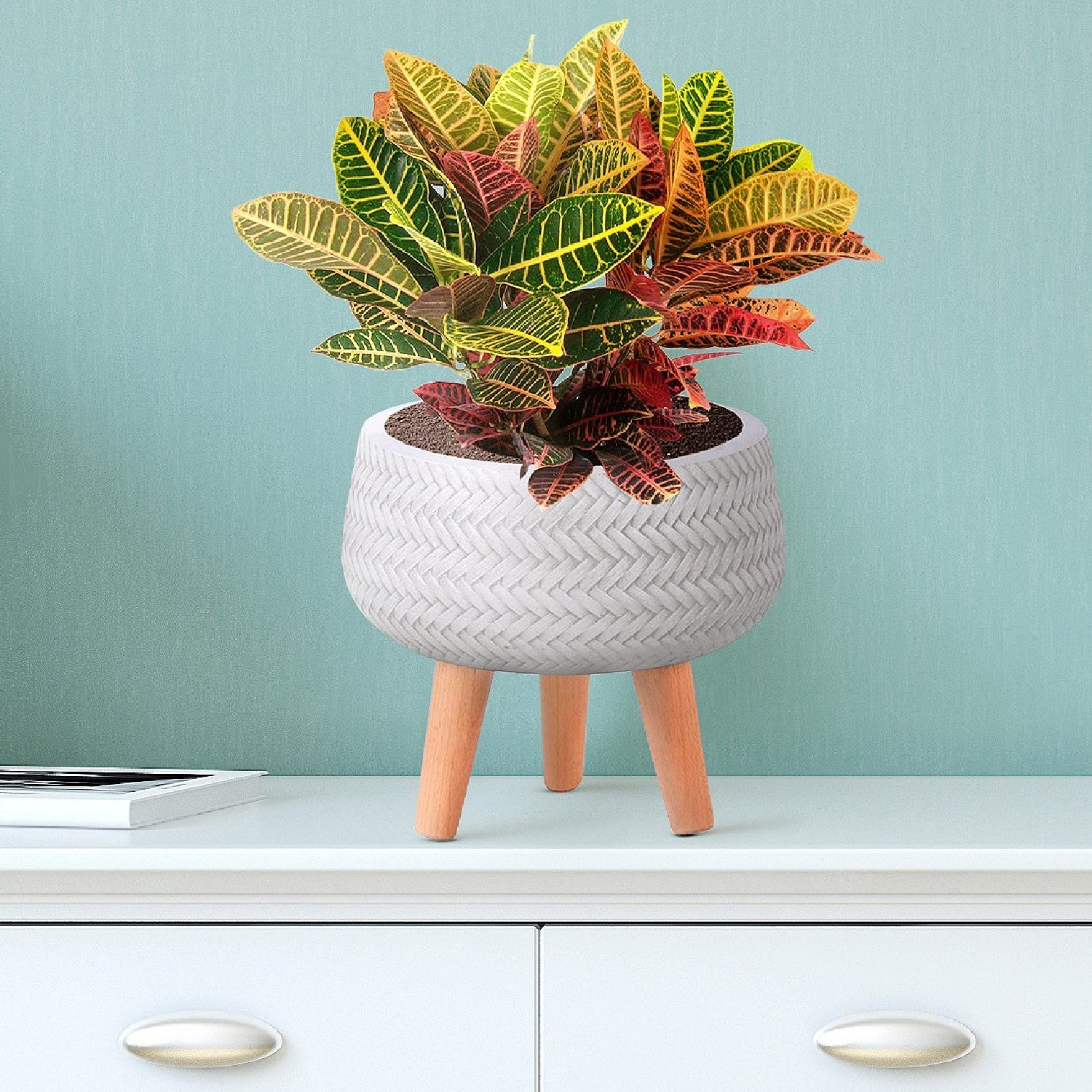 IDEALIST Lite Plaited Style Bowl Planter on Legs, Round Pot Plant Stand Indoor