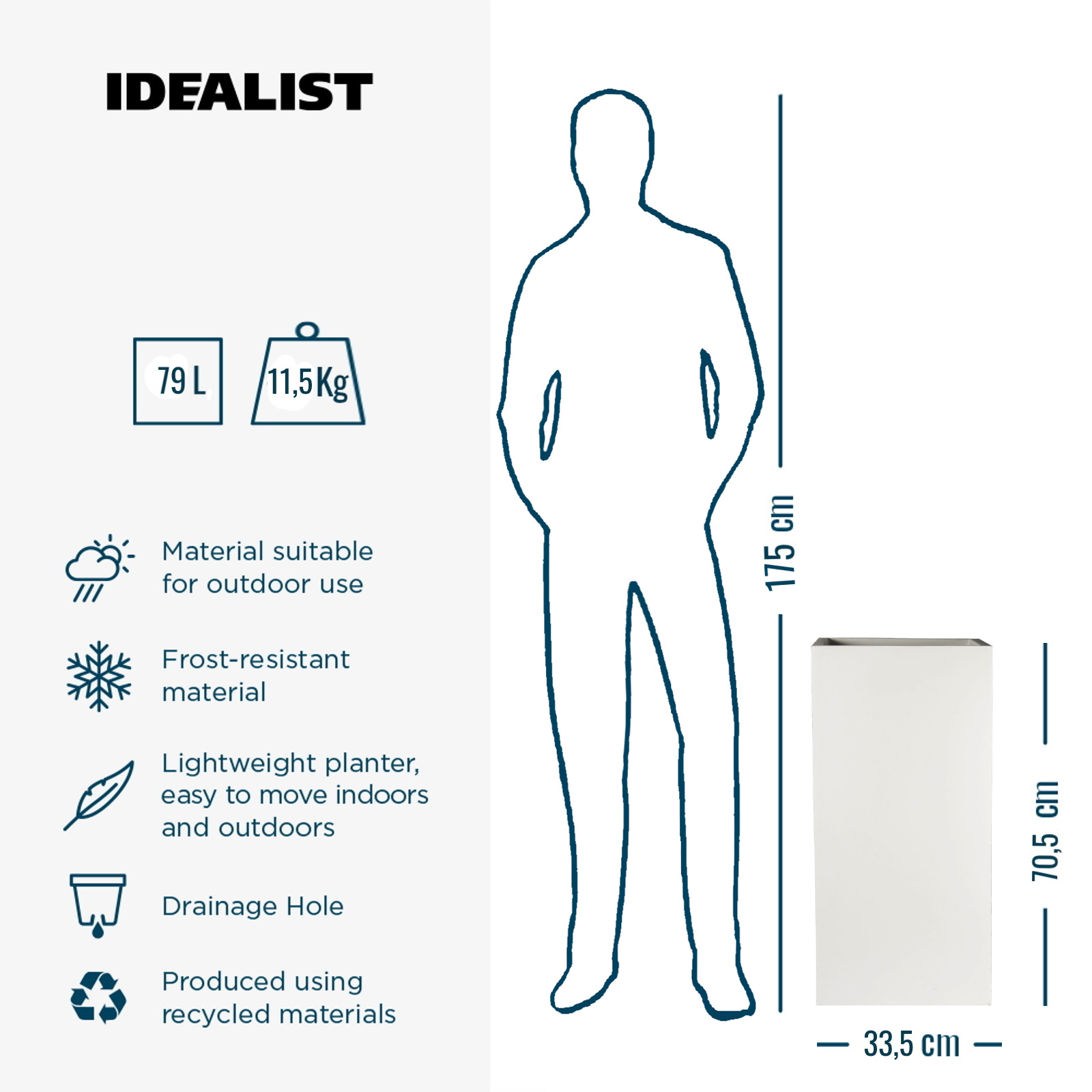 IDEALIST Lite Tall Square Contemporary Light Concrete Planter