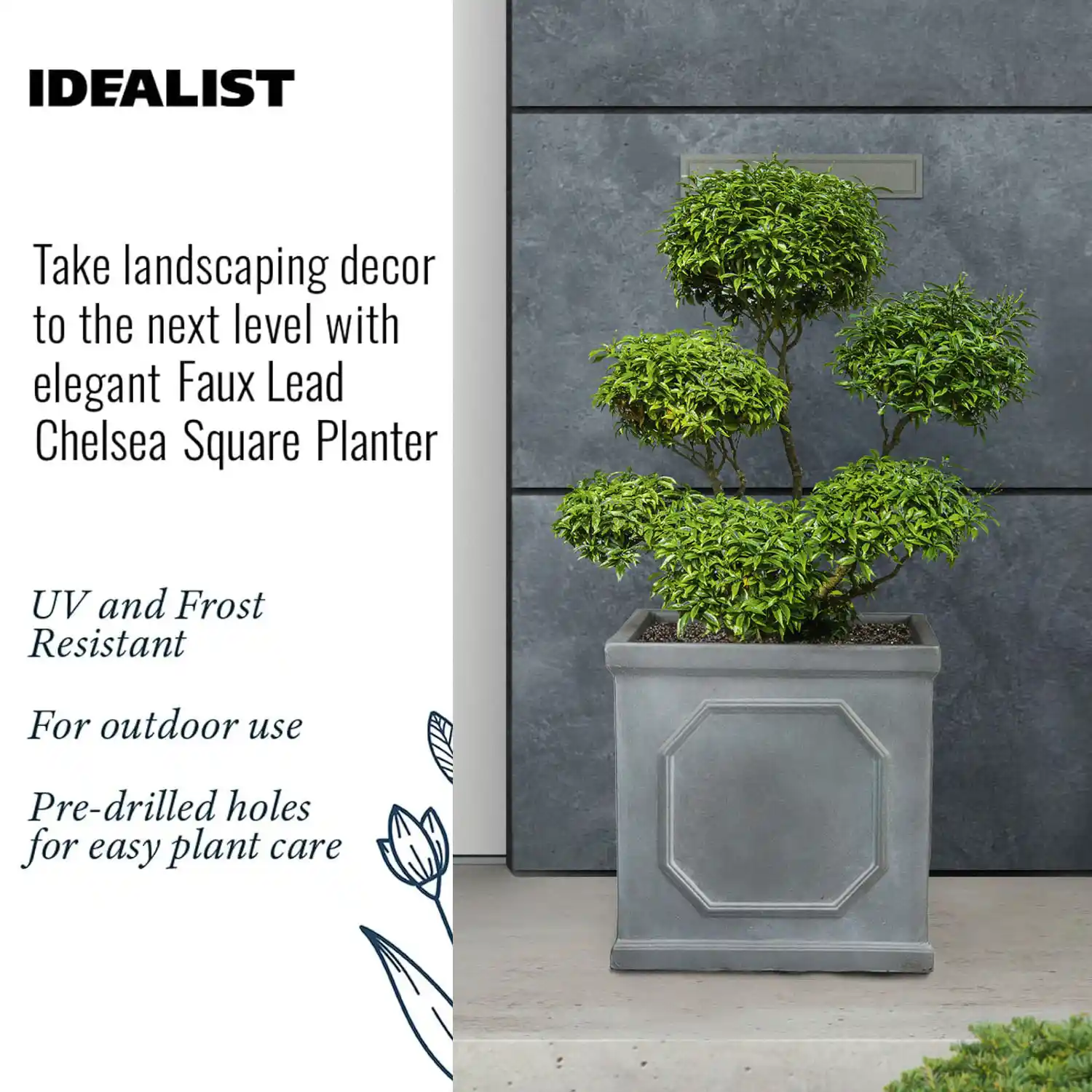 IDEALIST Lite Faux Lead Chelsea Box Square Light Concrete Planter