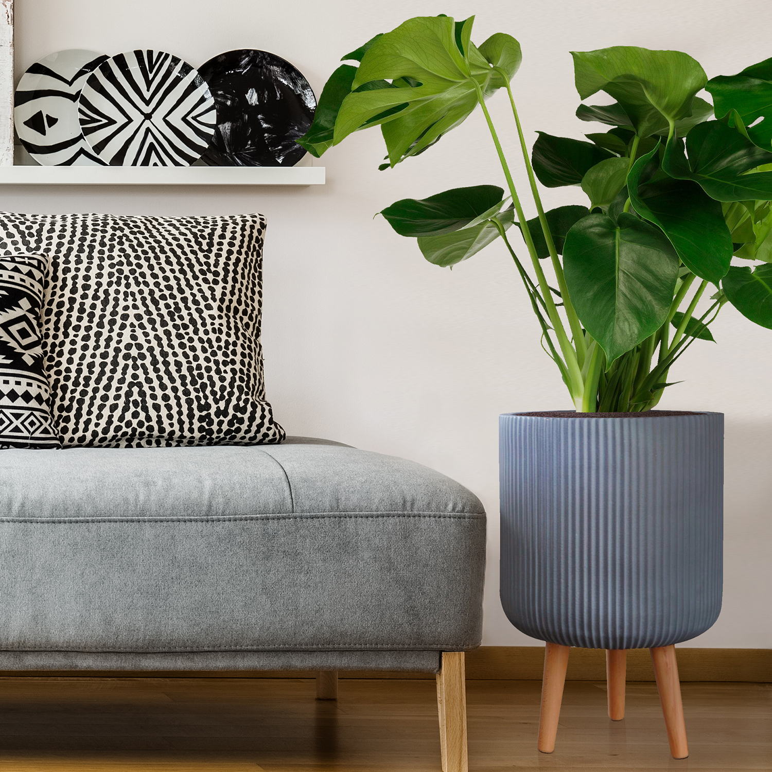 IDEALIST Lite Ribbed Cylinder Planter on Legs, Round Pot Plant Stand Indoor