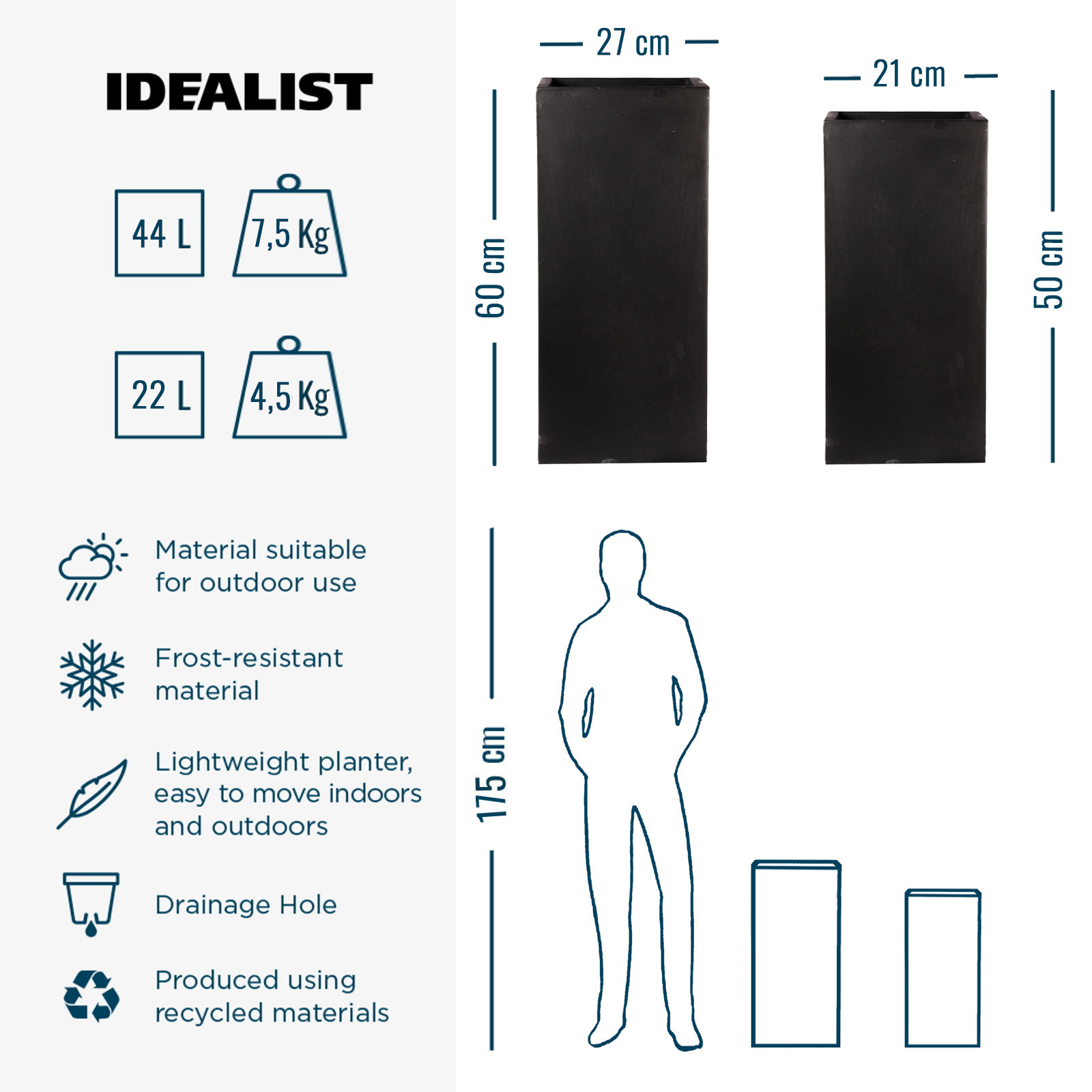 IDEALIST Lite Tall Square Contemporary Light Concrete Planter Set