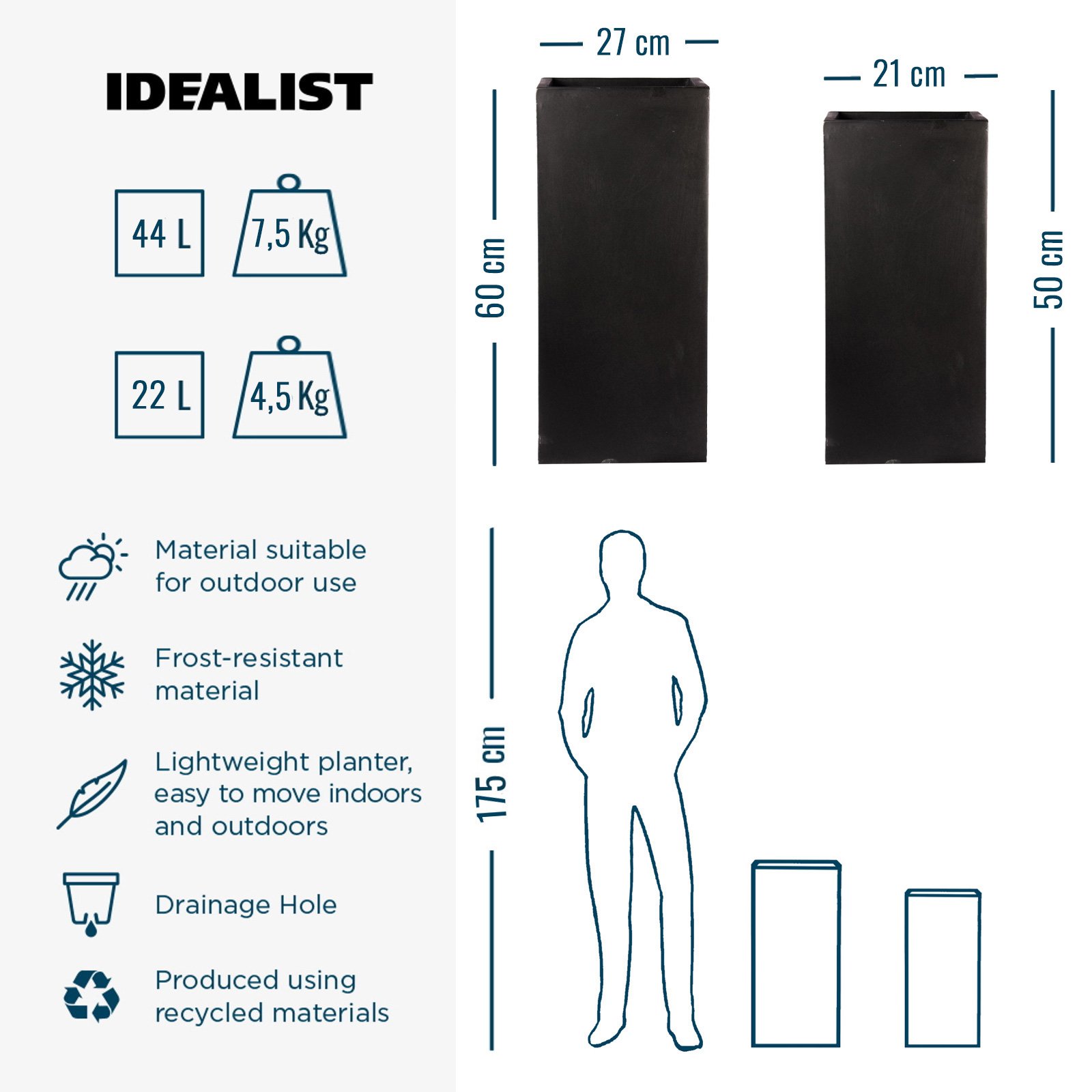 IDEALIST Lite Tall Square Contemporary Light Concrete Planter Set