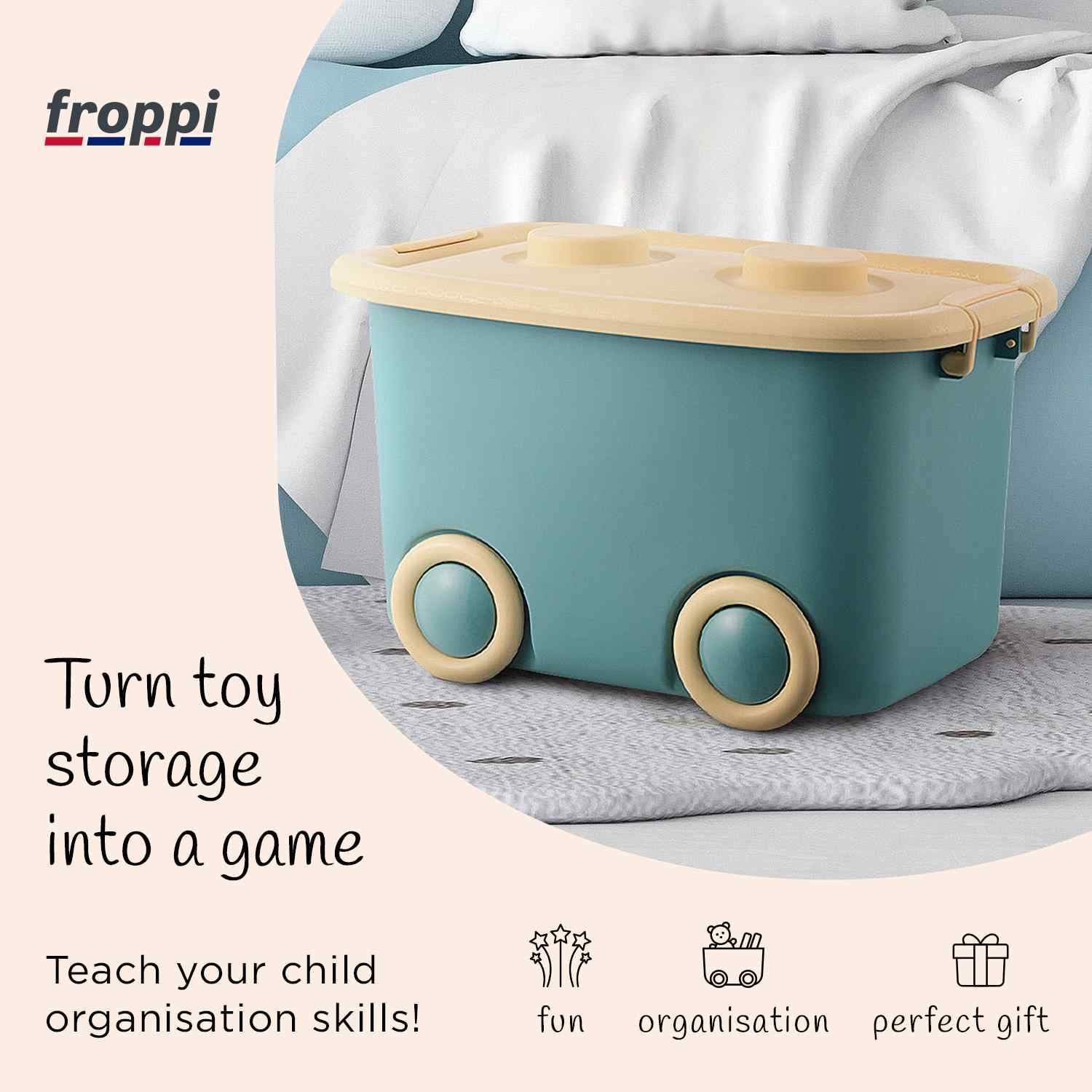 Stackable Plastic Kids Toy Storage Box with Lid and Wheels by Froppi Stackable Plastic Kids Toy Storage Box with Lid and Wheels by Froppi