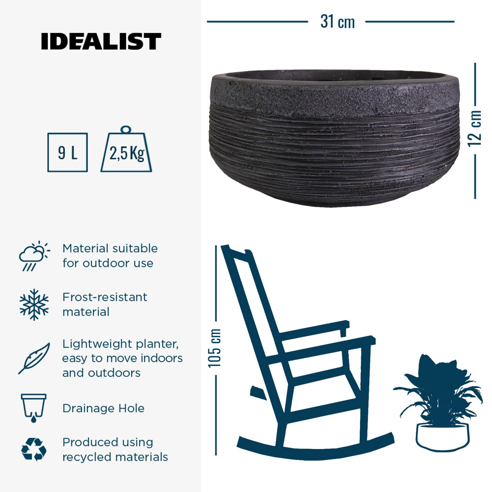 IDEALIST Lite Ribbed Light Concrete Bowl Planter