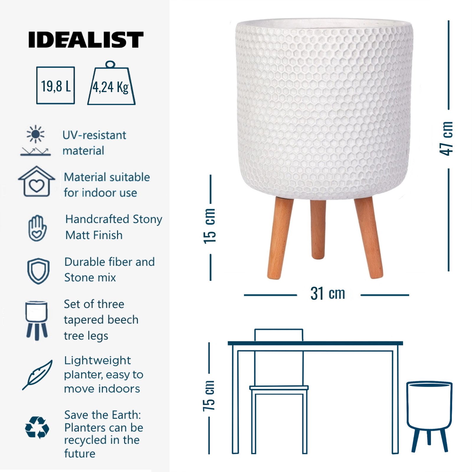 IDEALIST Lite Honeycomb Style Cylinder Planter on Legs, Round Pot Plant Stand Indoor