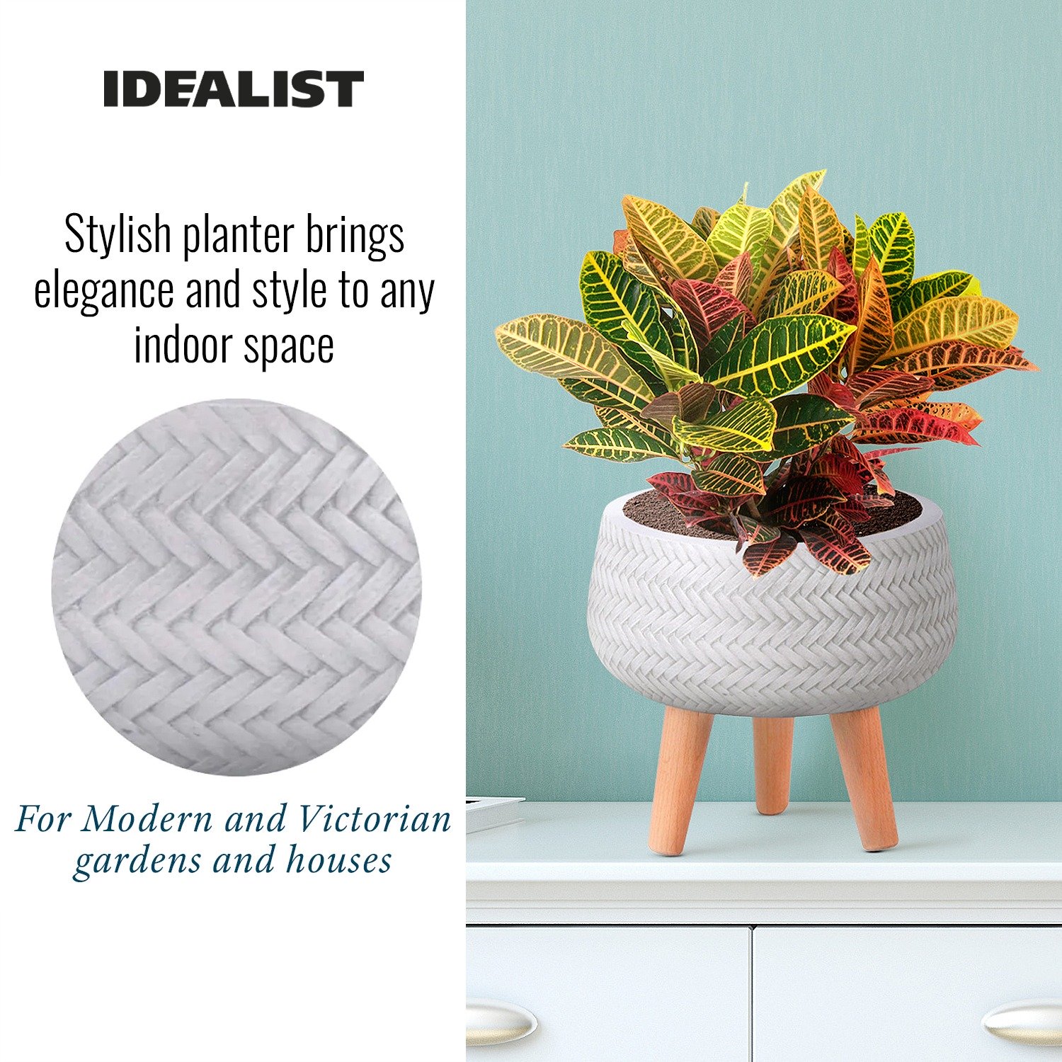 IDEALIST Lite Plaited Style Bowl Planter on Legs, Round Pot Plant Stand Indoor