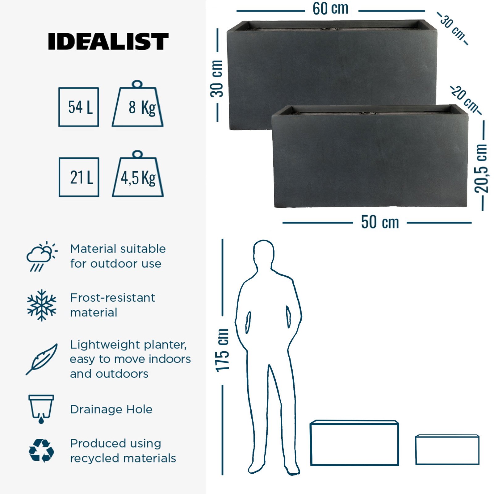 IDEALIST Lite Contemporary Light Concrete Trough Planter Set