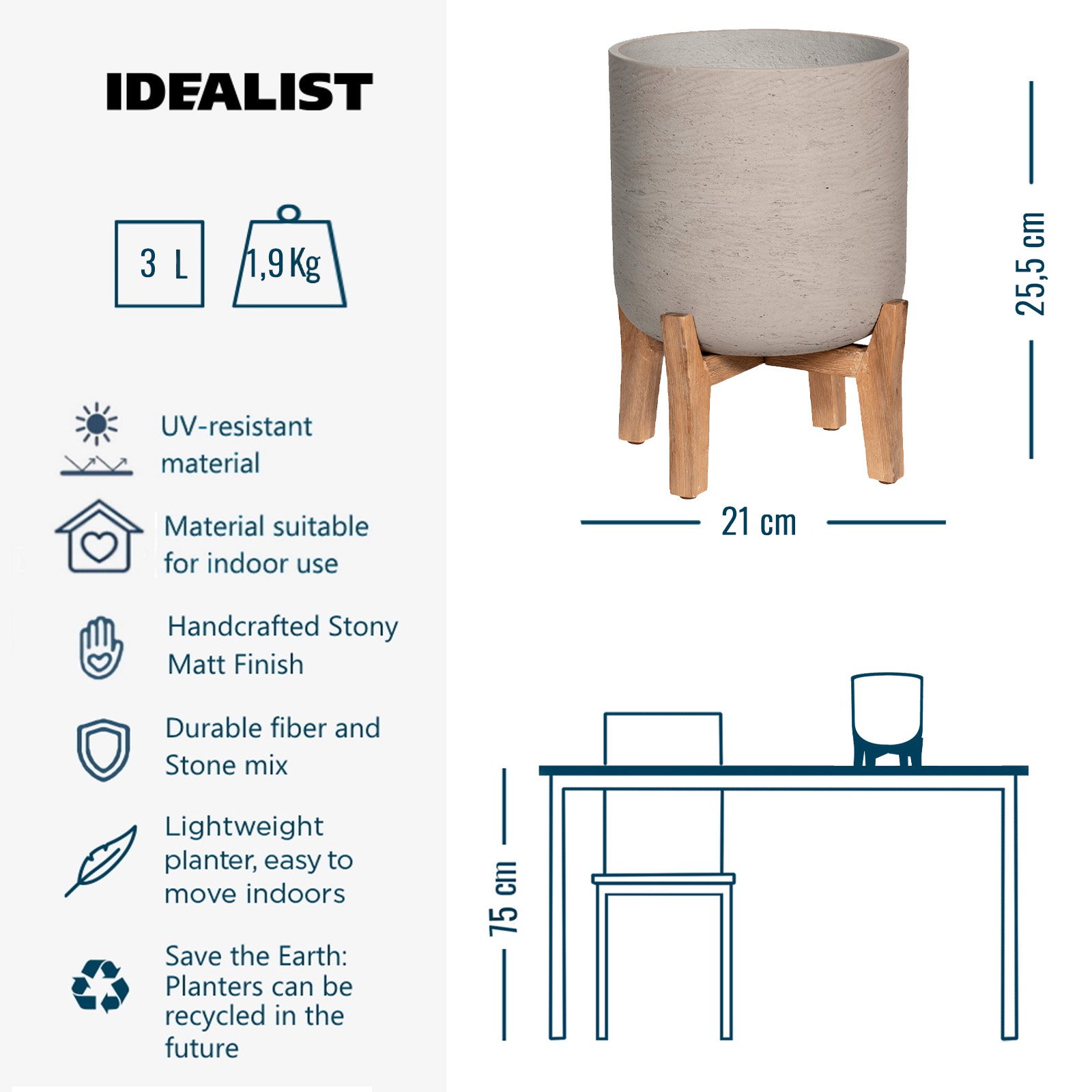 Charlie Round Indoor Planter on Legs by Idealist Premium Rough