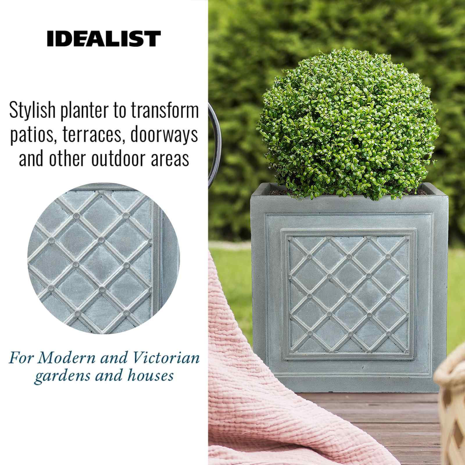 IDEALIST Lite Faux Lead Lattice Planter Light Concrete Square Box