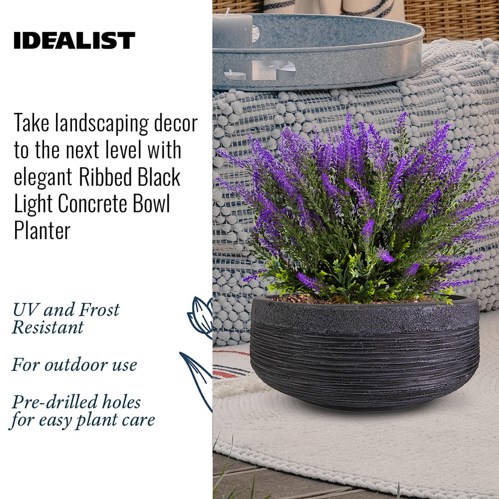 IDEALIST Lite Ribbed Light Concrete Bowl Planter