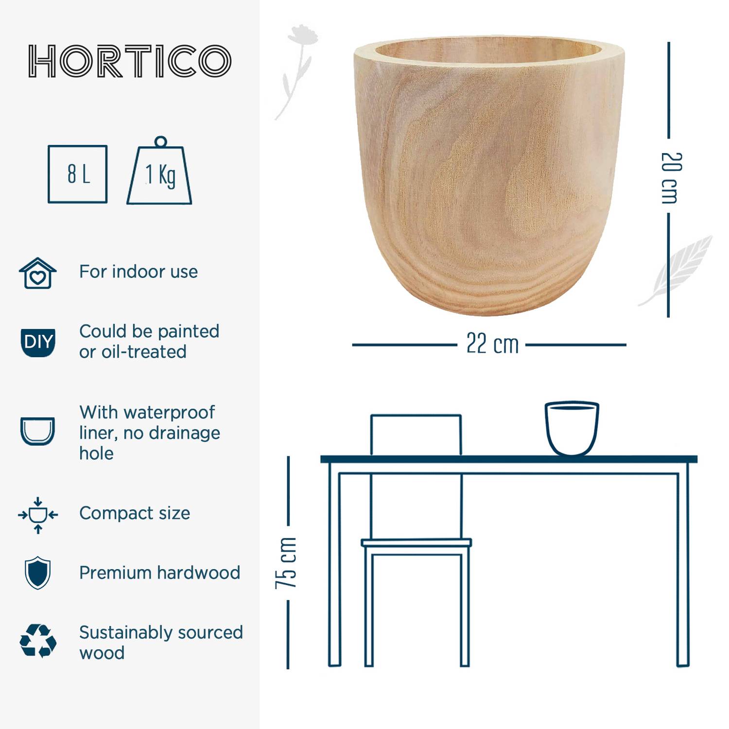 HORTICO RADIAL Wooden House Planter Round Indoor Plant Pot for House Plants with Waterproof Liner