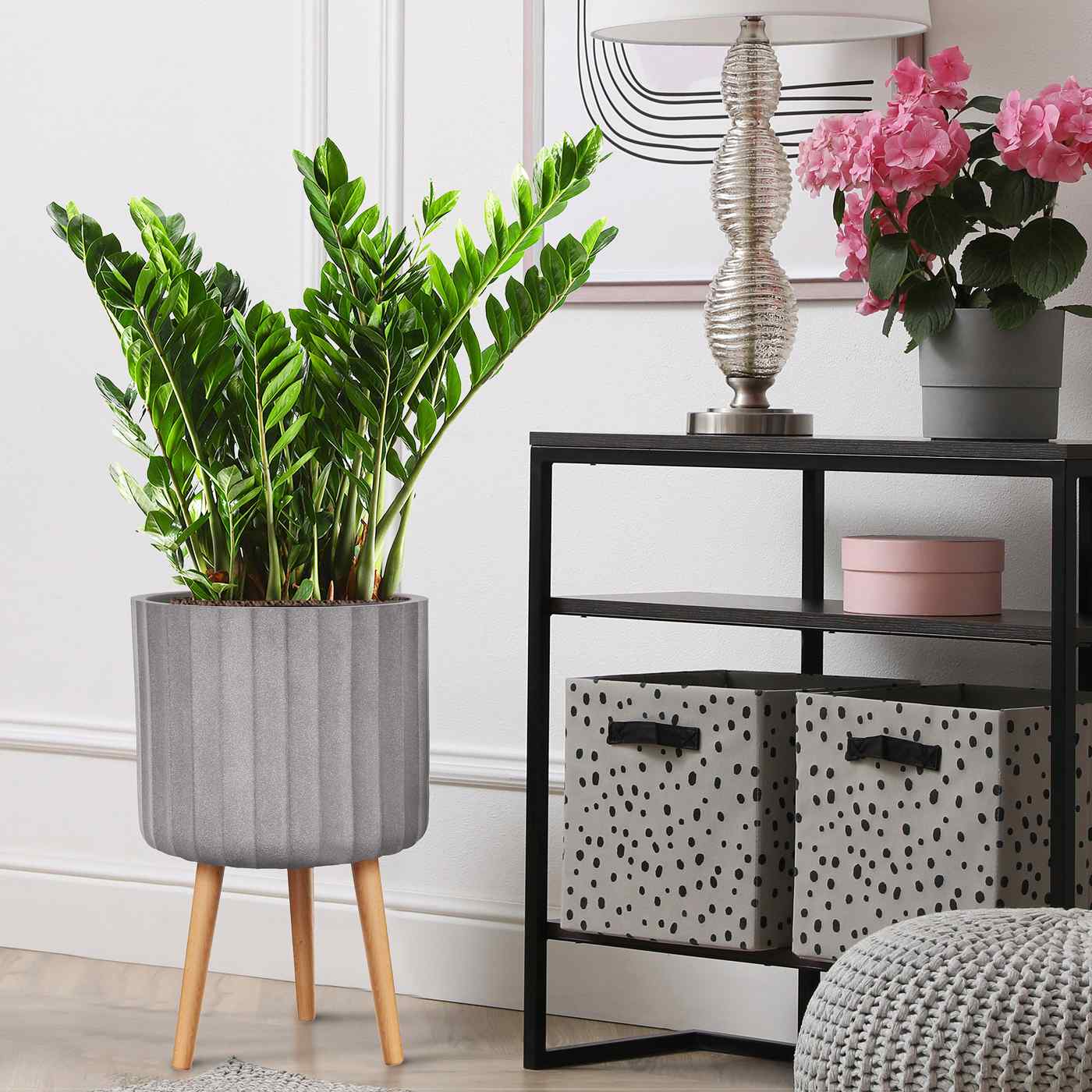 IDEALIST Lite Modern Ribbed Cylinder Planter on Legs, Round Pot Plant Stand Indoor