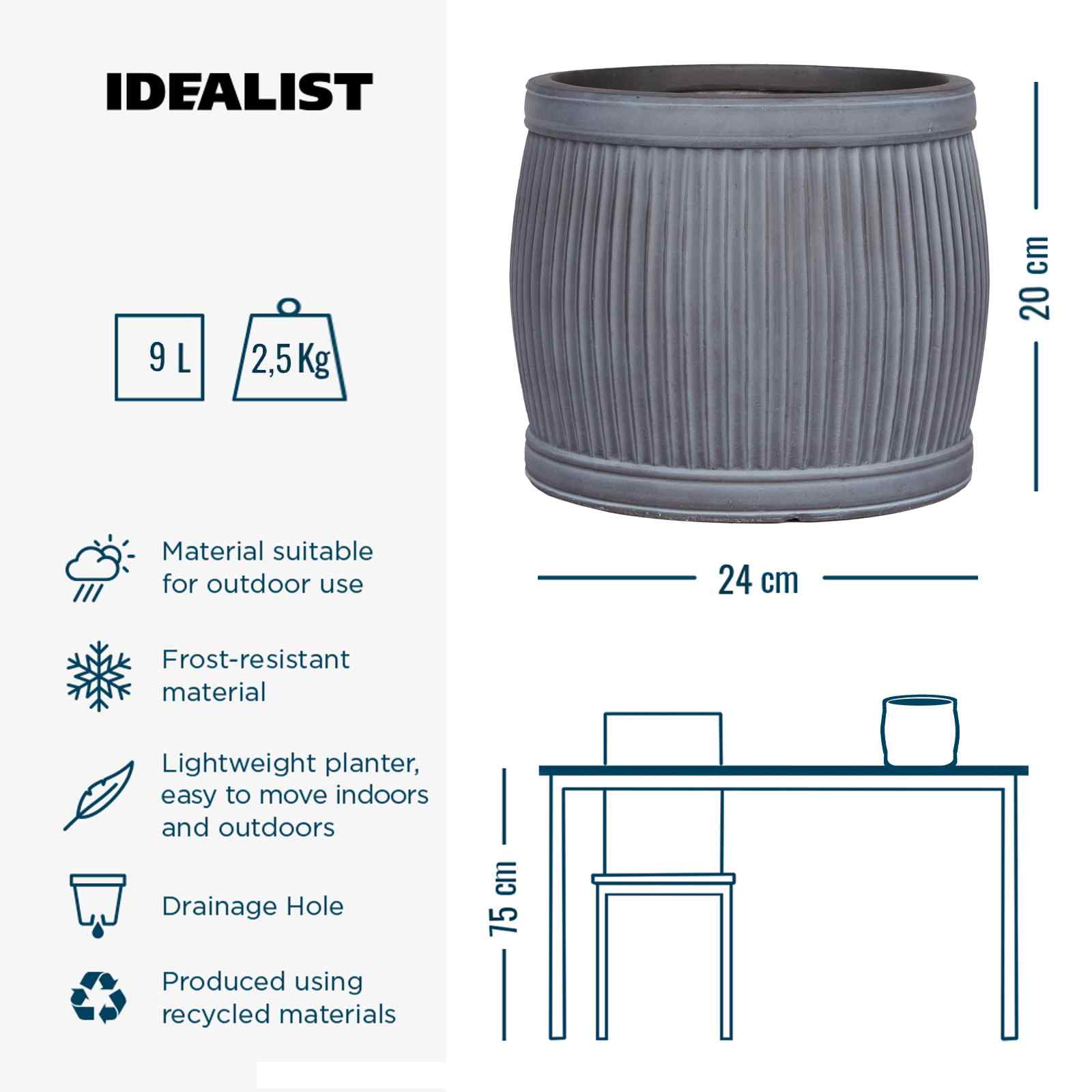 IDEALIST Lite Vertical Ribbed Vintage Style Barrel Round Planter