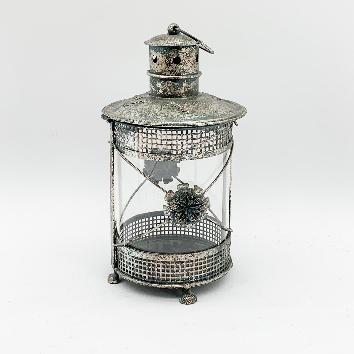 Round Metal Flower Pattern Garden Dark Silver Lantern by Minster