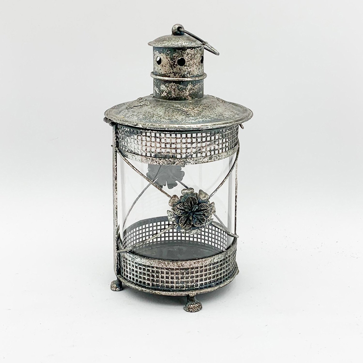 Round Metal Flower Pattern Garden Dark Silver Lantern by Minster