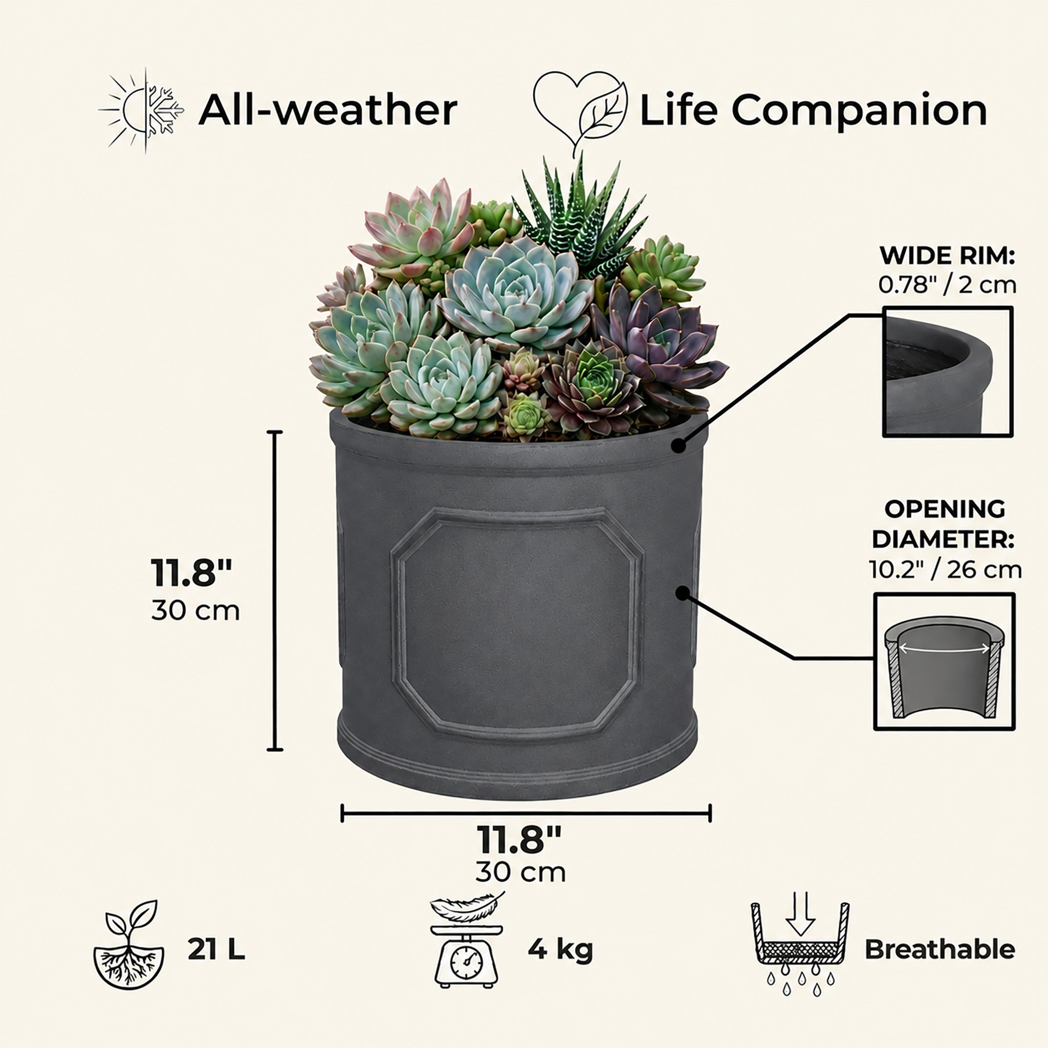 IDEALIST Chelsea Light Concrete Cylinder Garden Planter