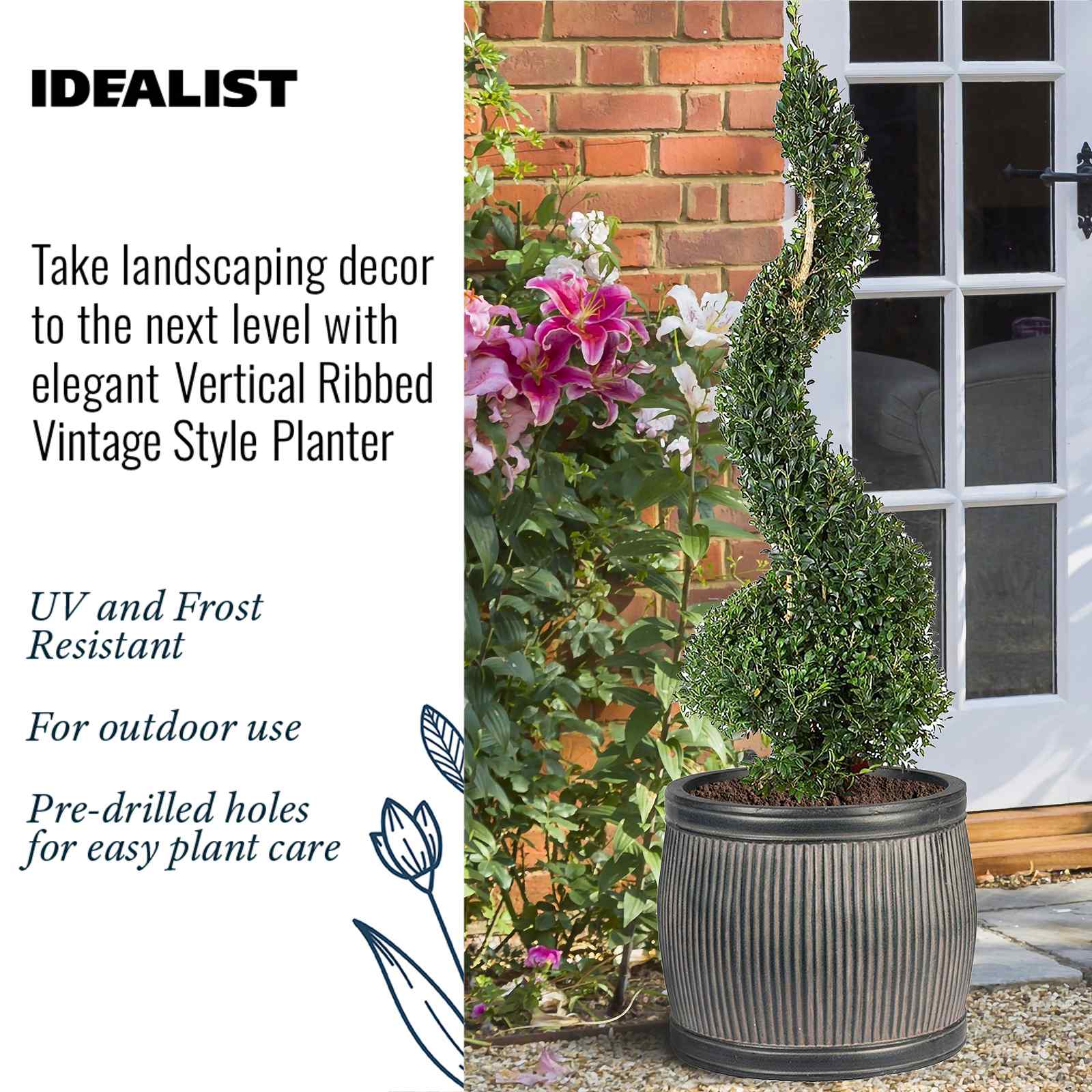 IDEALIST Lite Vertical Ribbed Vintage Style Barrel Round Planter