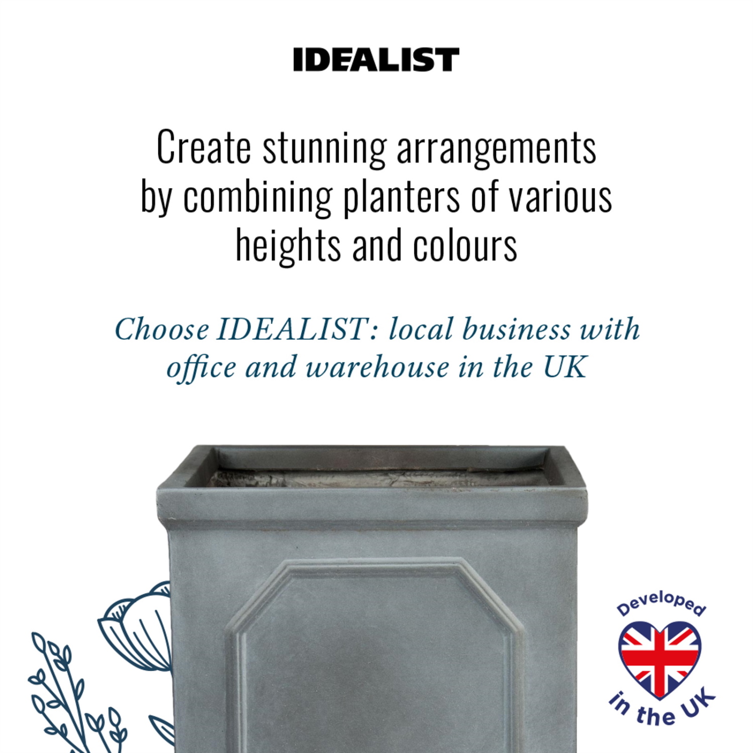 IDEALIST Lite Faux Lead Chelsea Box Square Grey Light Stone Planter Set