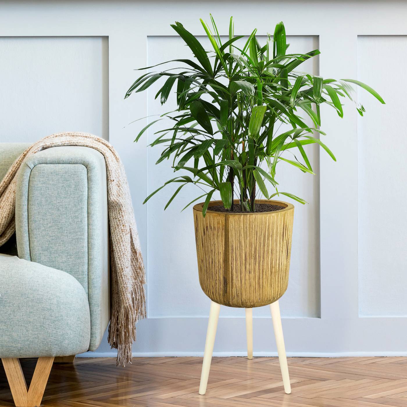 HORTICO RIBBED Wooden House Planter with Legs, Tall Indoor Plant Pot Stand with Waterproof Liner