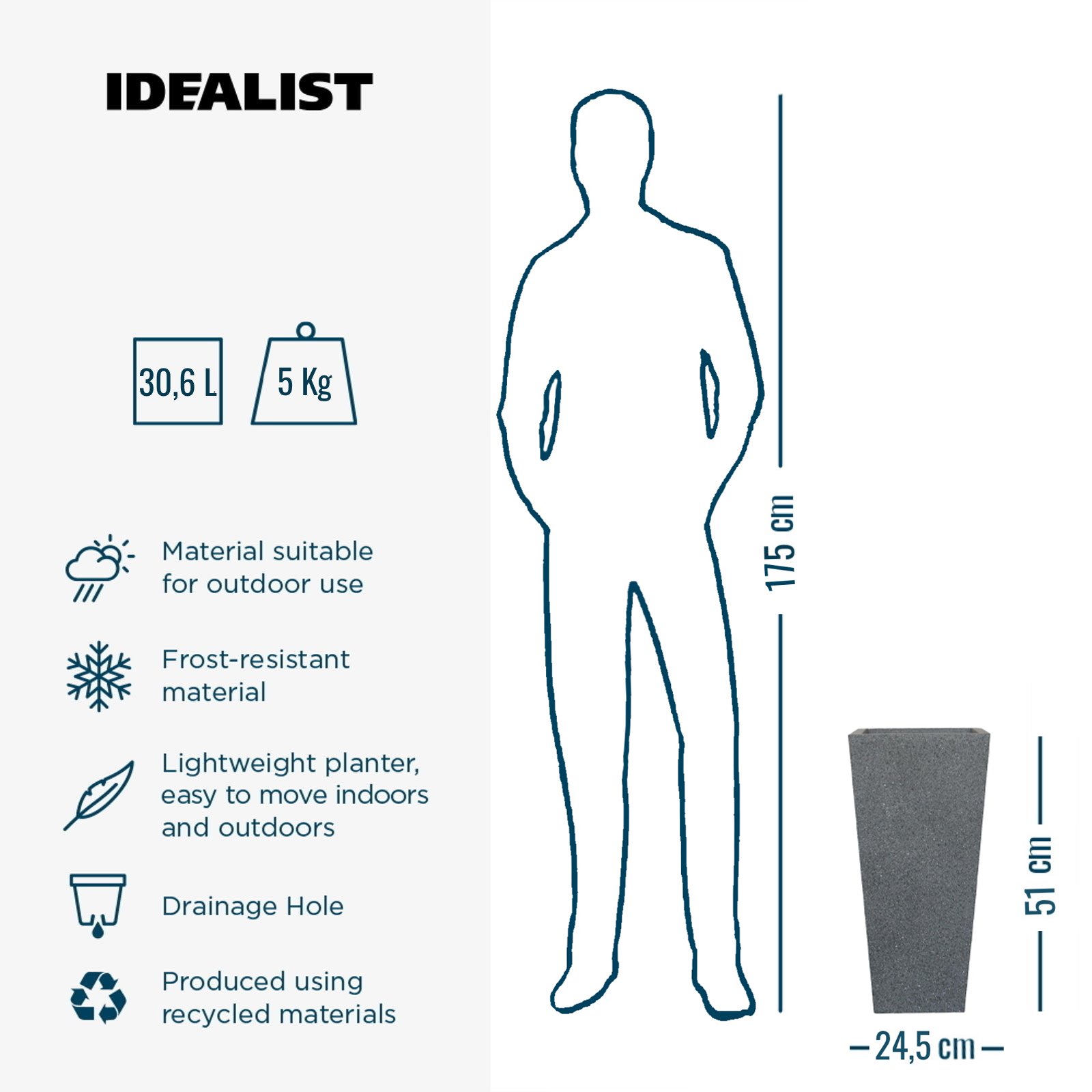 IDEALIST Lite Textured Concrete Effect Tall Tapered Outdoor Planter