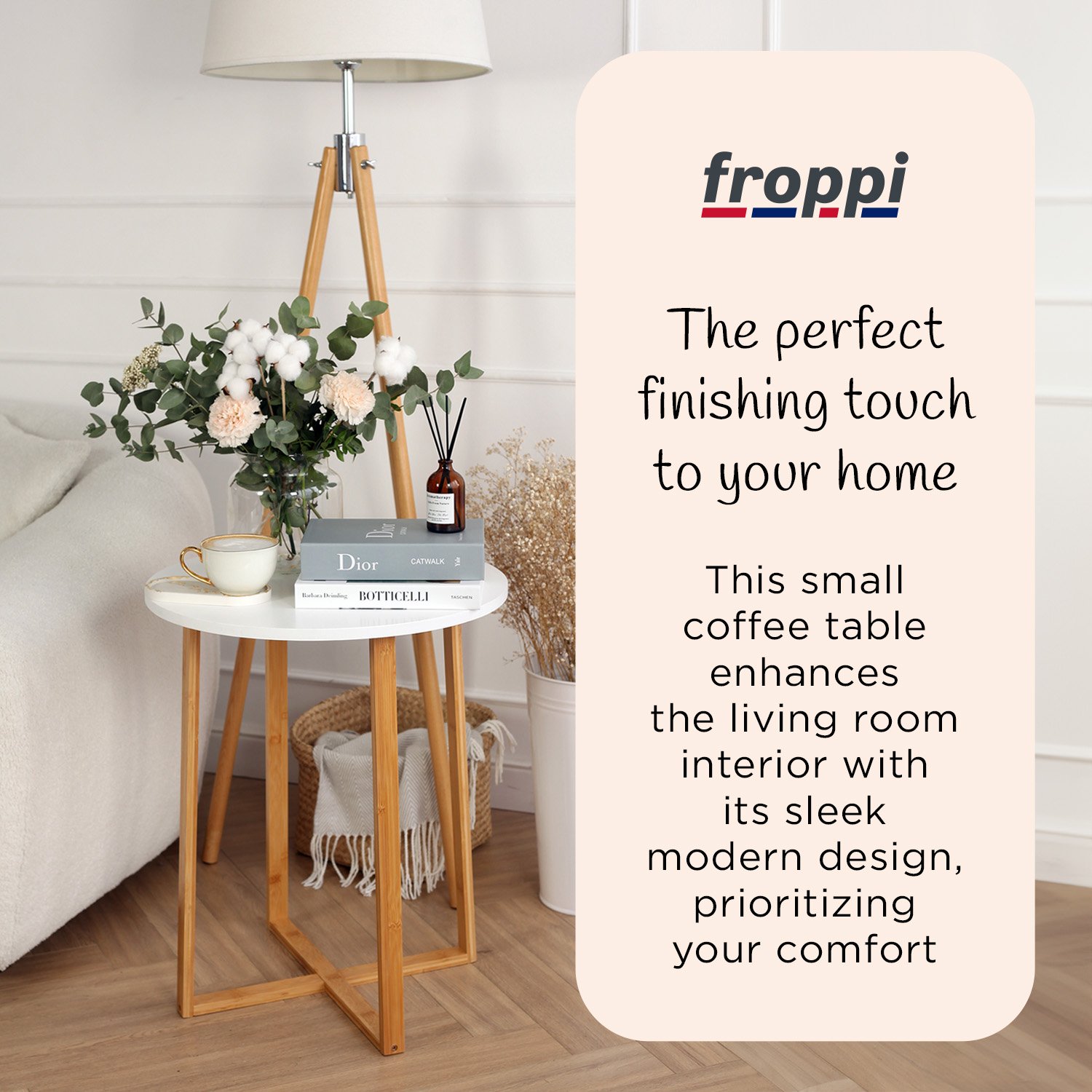 Froppi Small Round Coffee Table for Living Room White Wood Cocktail Table on Natural Bamboo Frame