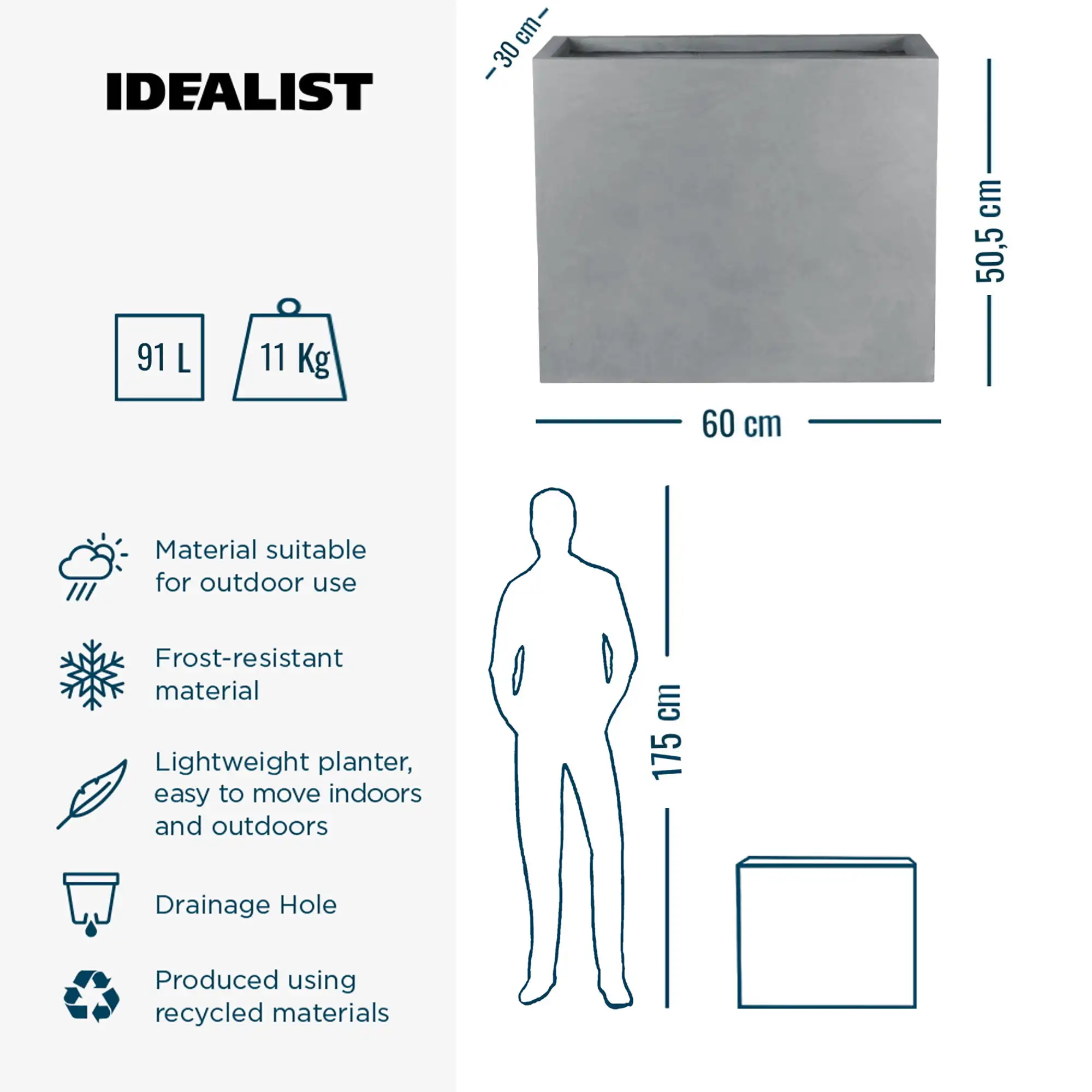 IDEALIST Lite Contemporary Light Concrete Trough Planter