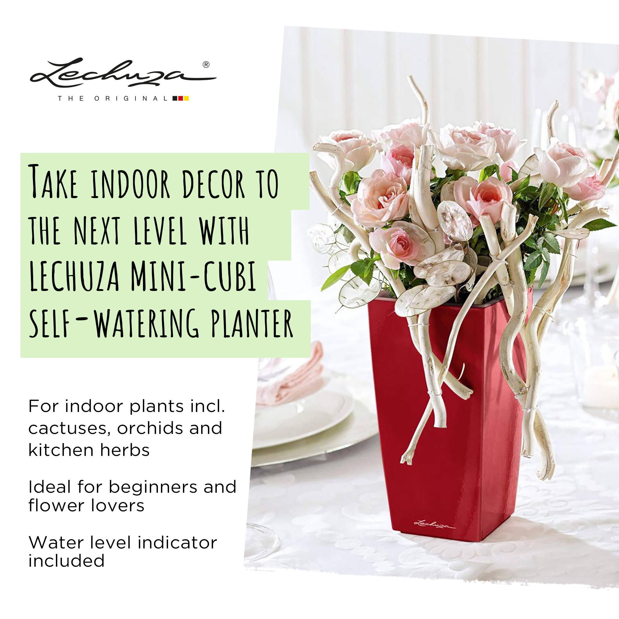 LECHUZA CUBI Square Poly Resin Indoor Self-watering Planter
