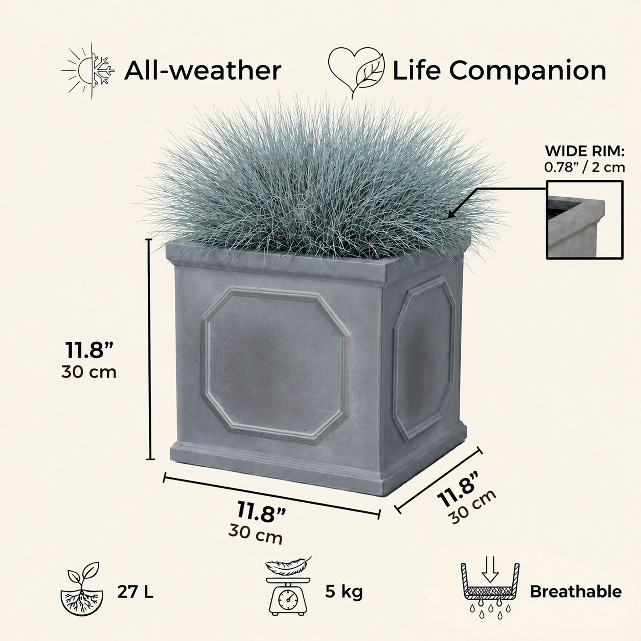 IDEALIST Lite Faux Lead Chelsea Box Square Light Concrete Planter