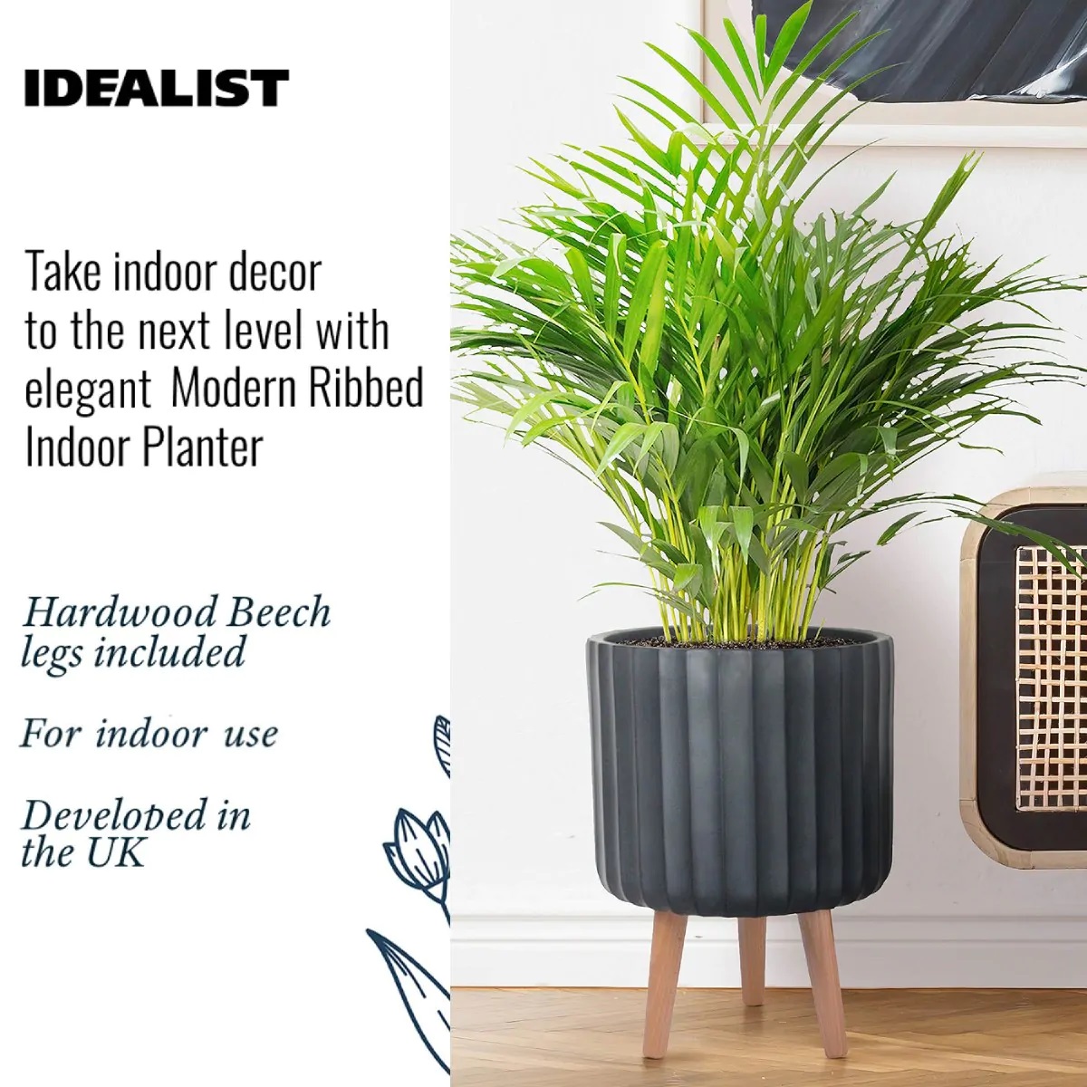 IDEALIST Lite Modern Ribbed Cylinder Planter on Legs, Round Pot Plant Stand Indoor