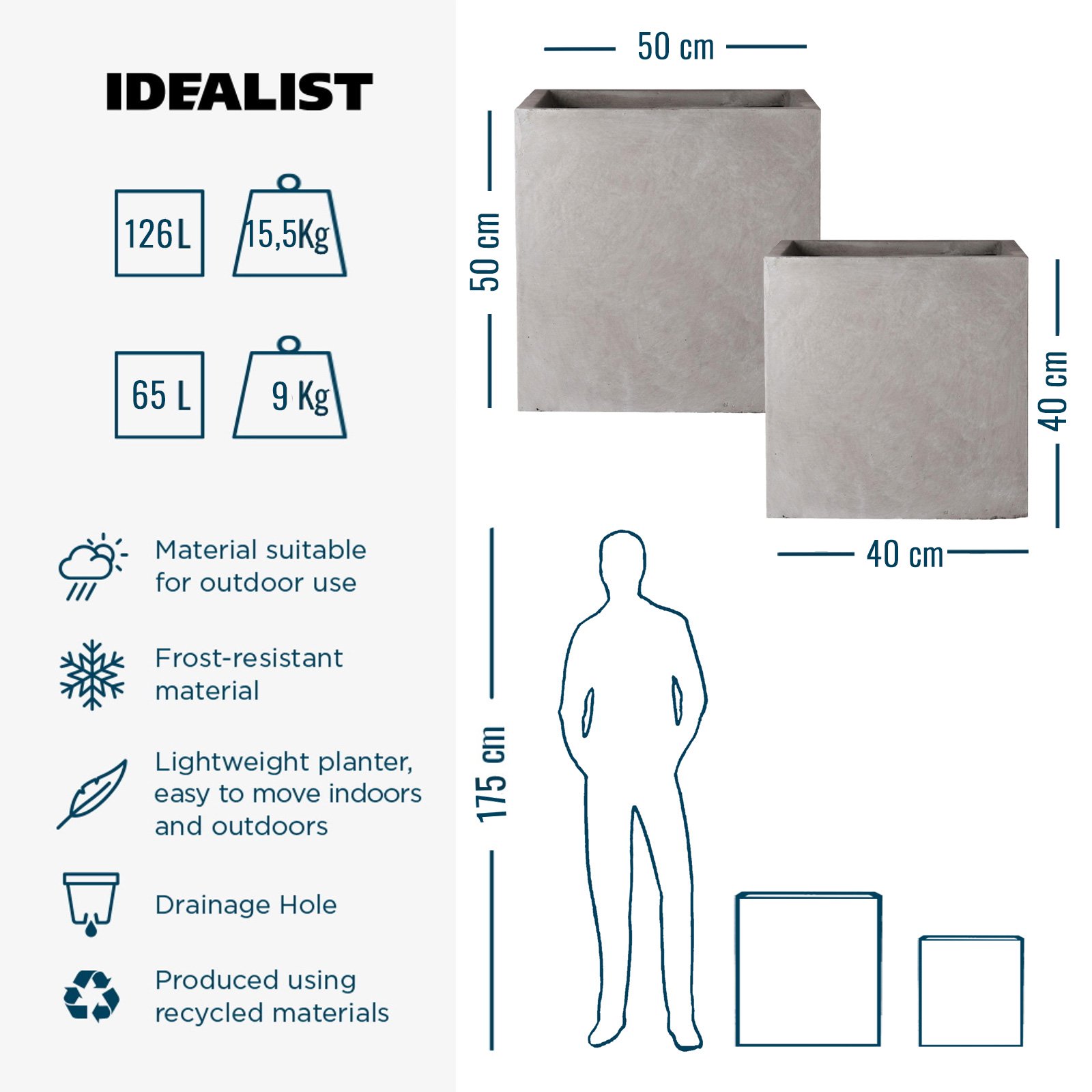 IDEALIST Lite Square Box Contemporary Light Concrete Planter Set