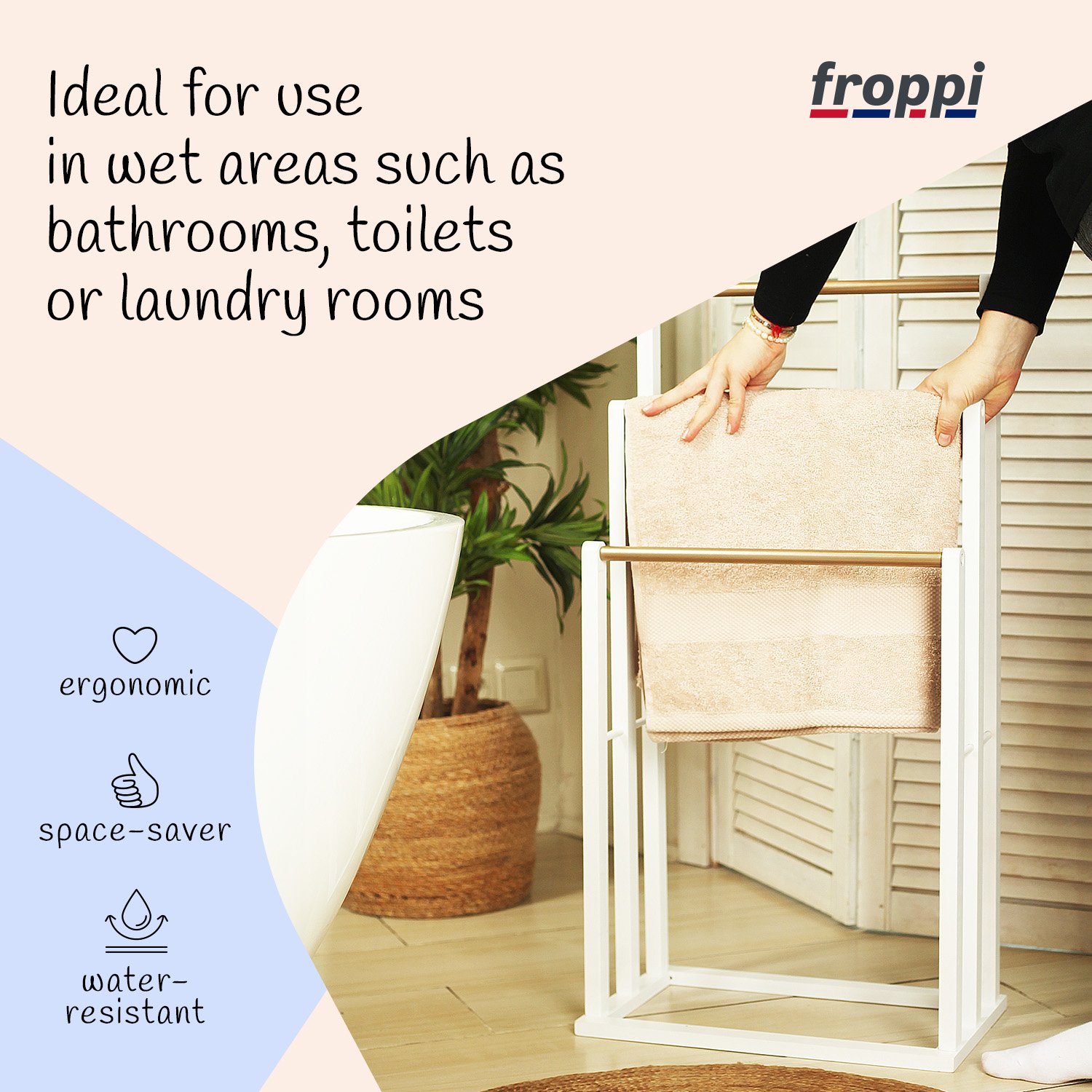 Froppi Bamboo Free Standing Towel Rack, Wooden Towel Holder and Ladder with 3 Bars