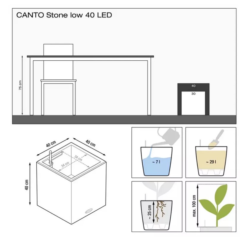 LECHUZA CANTO Premium Low LED Square Poly Resin Self-watering Planter