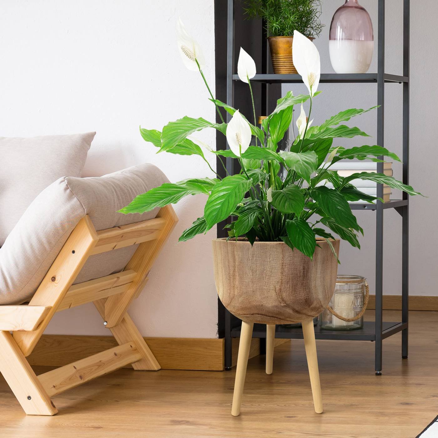 HORTICO GAIA Wooden House Planter with Legs, Tall Indoor Plant Pot Stand with Waterproof Liner