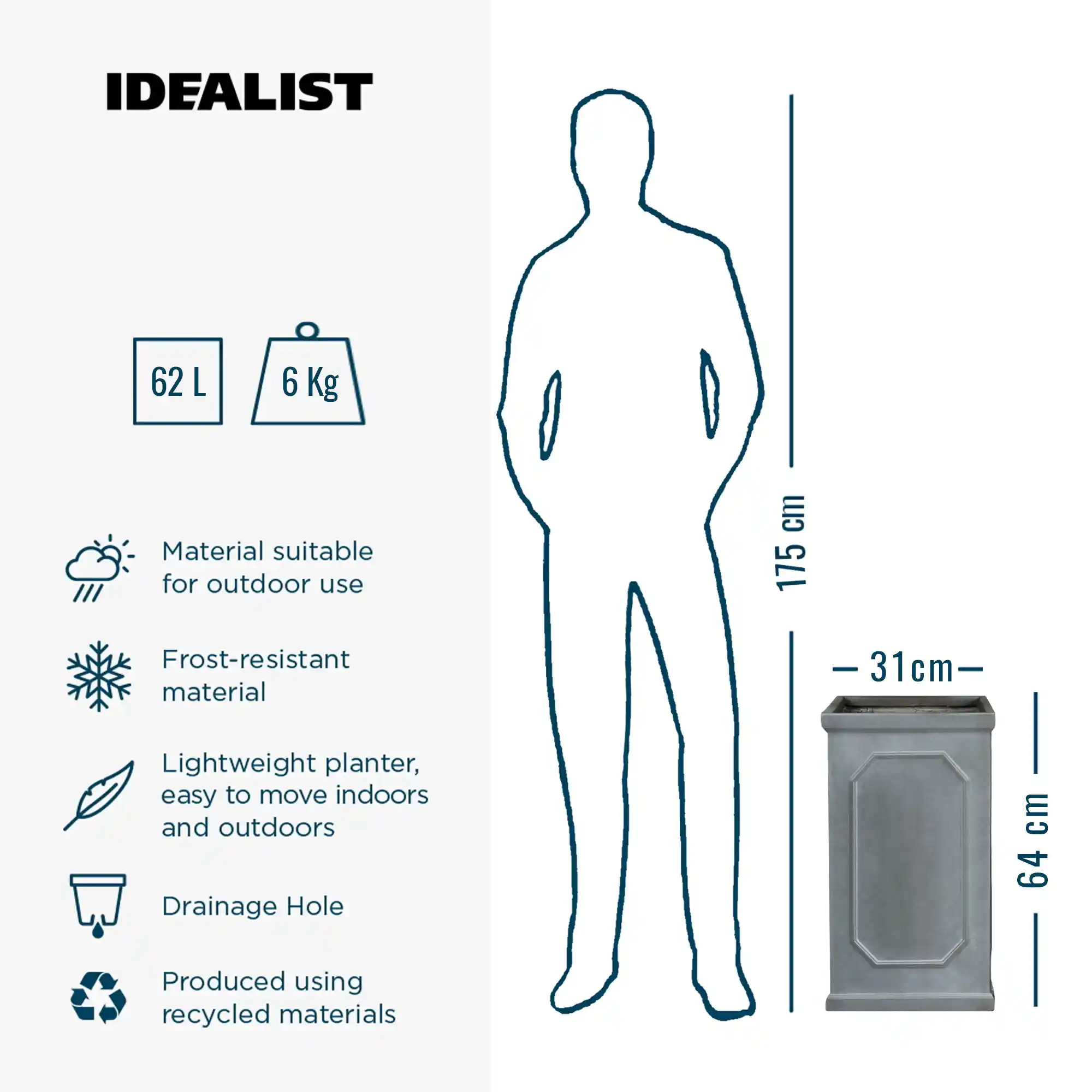 IDEALIST Lite Faux Lead Chelsea Light Concrete Tall Square Planter