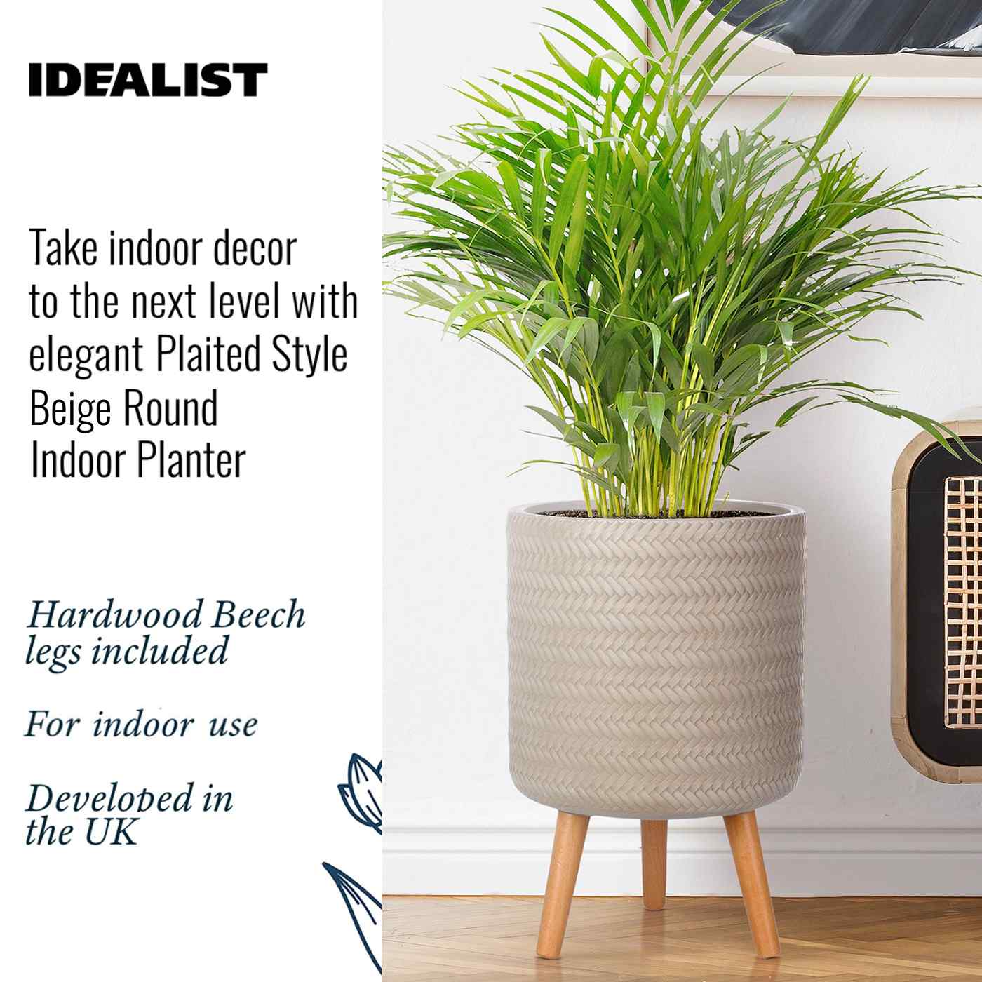 IDEALIST Lite Plaited Style Cylinder Planter on Legs, Round Pot Plant Stand Indoor