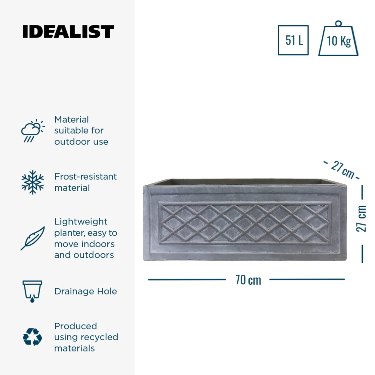IDEALIST Lite Window Box Faux Lead Lattice Grey Light Stone Planter