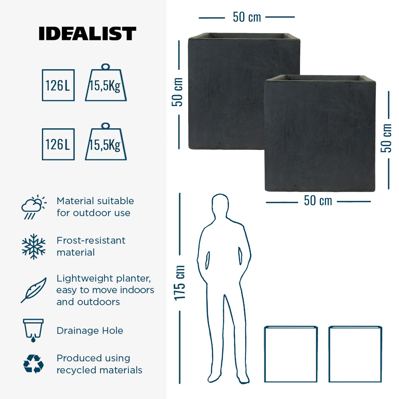 IDEALIST Lite Square Box Contemporary Light Concrete Planter Set