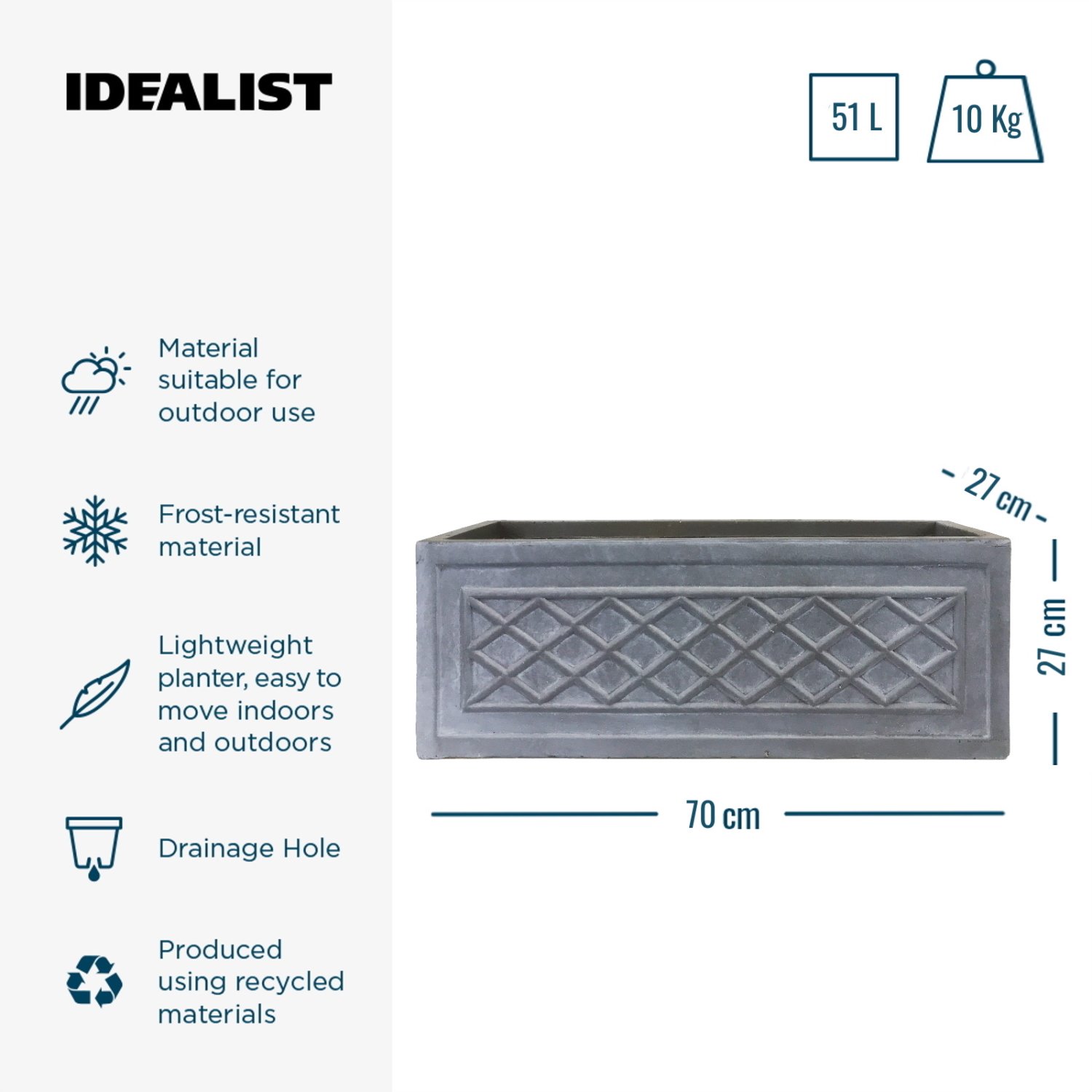 IDEALIST Lite Window Box Faux Lead Lattice Grey Light Stone Planter