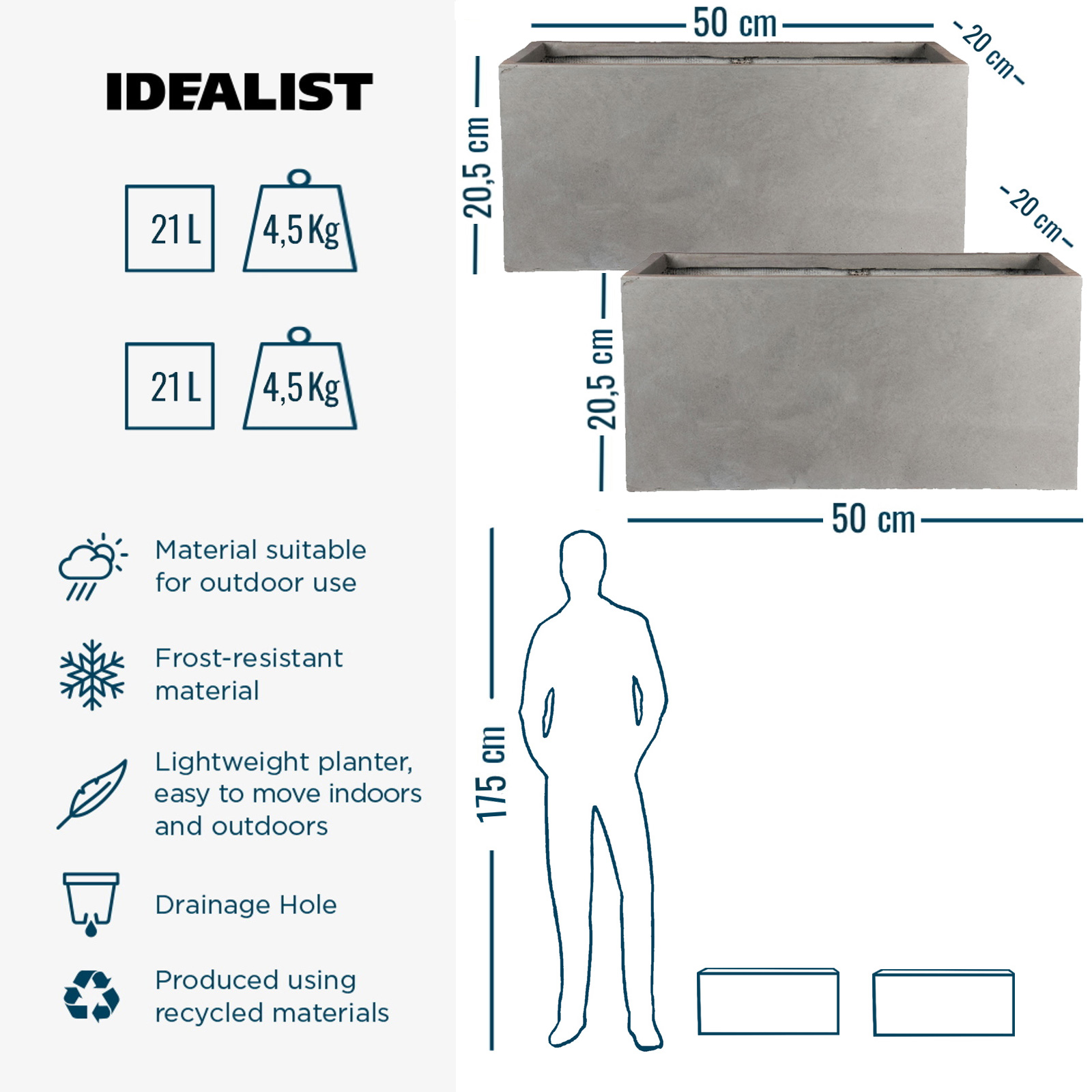 IDEALIST Lite Contemporary Light Concrete Trough Planter Set