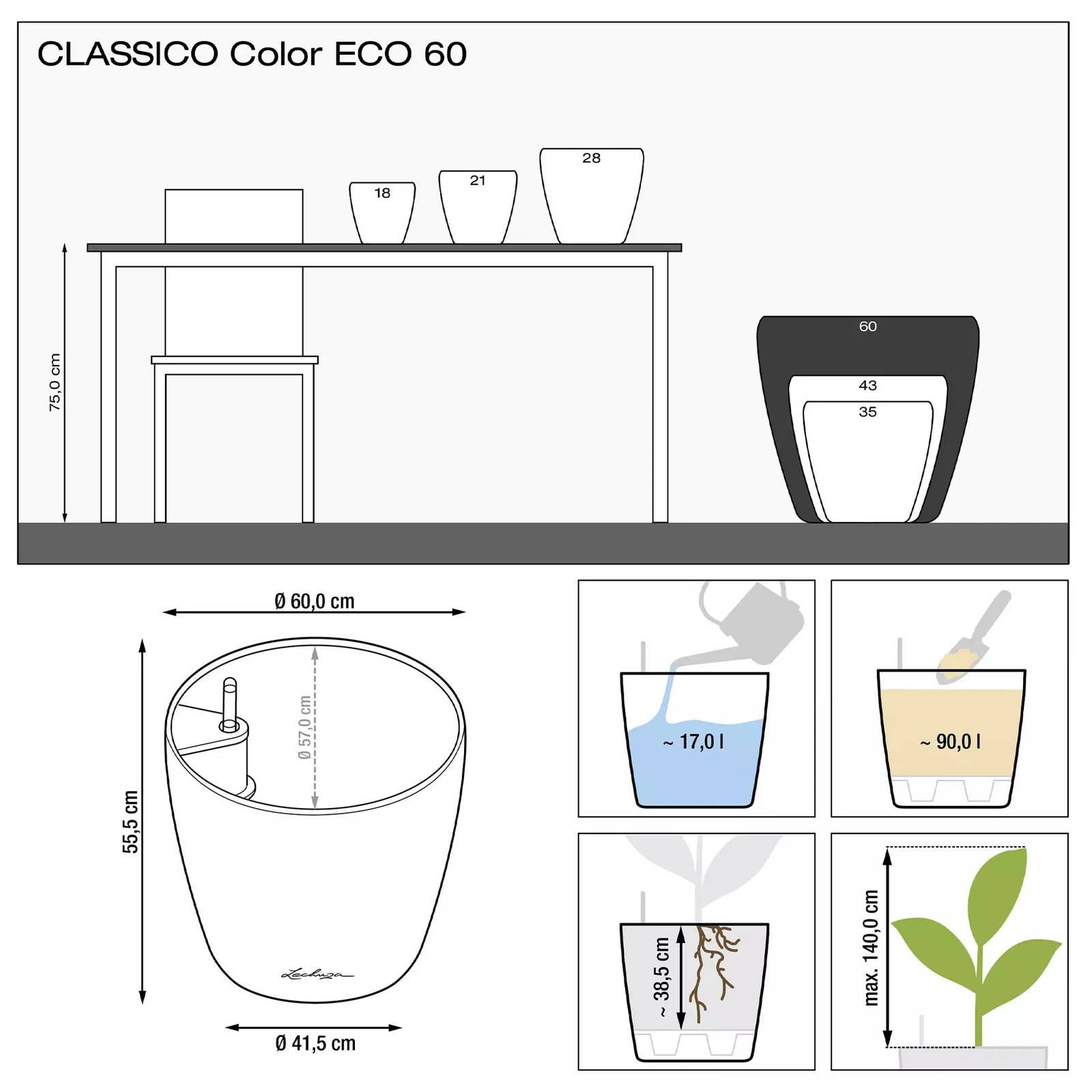 LECHUZA CLASSICO Color ECO Round PCR Plastic Self-watering Planter