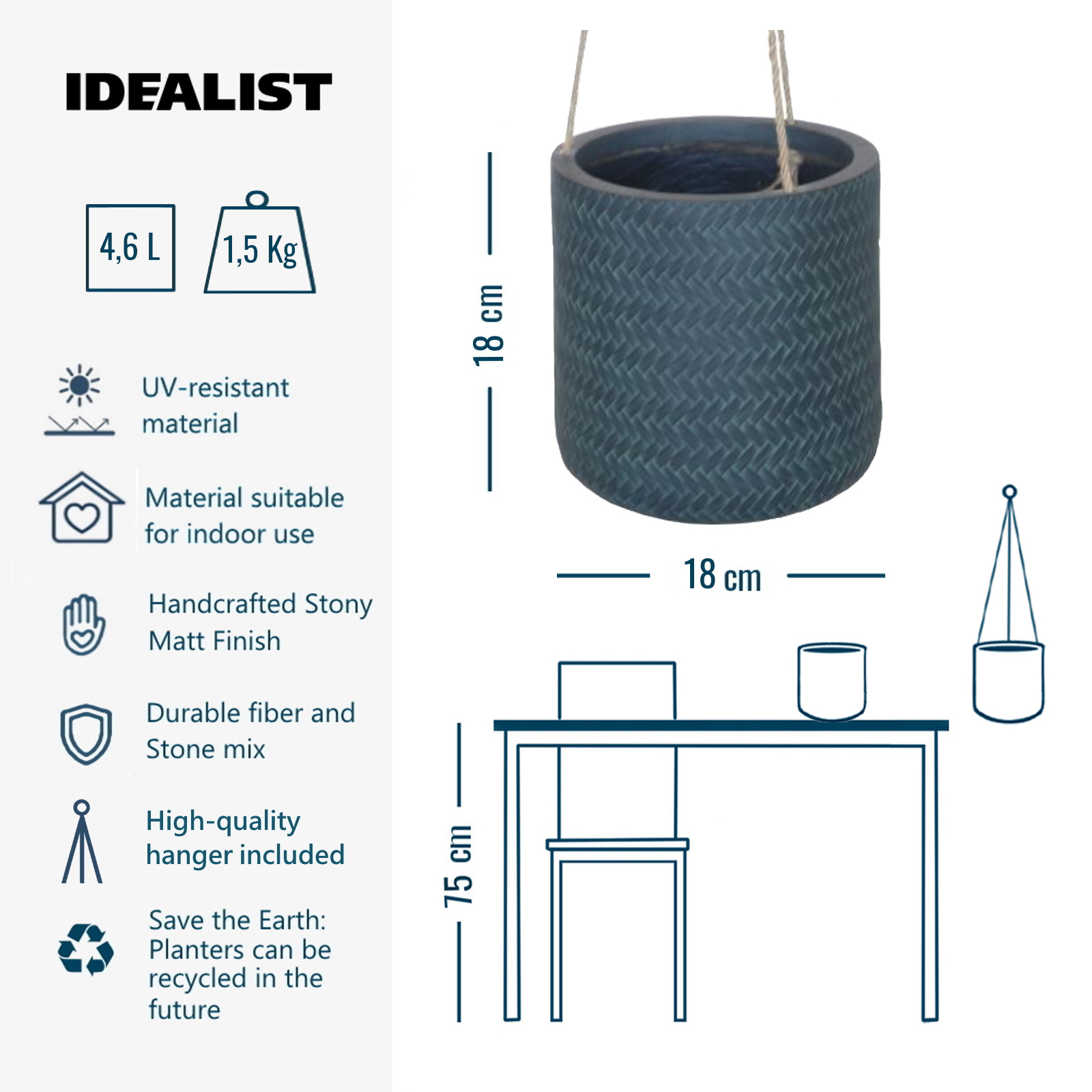 IDEALIST Lite Plaited Style Table and Hanging Cylinder Round Plant Pot Dual Use Indoor Planter