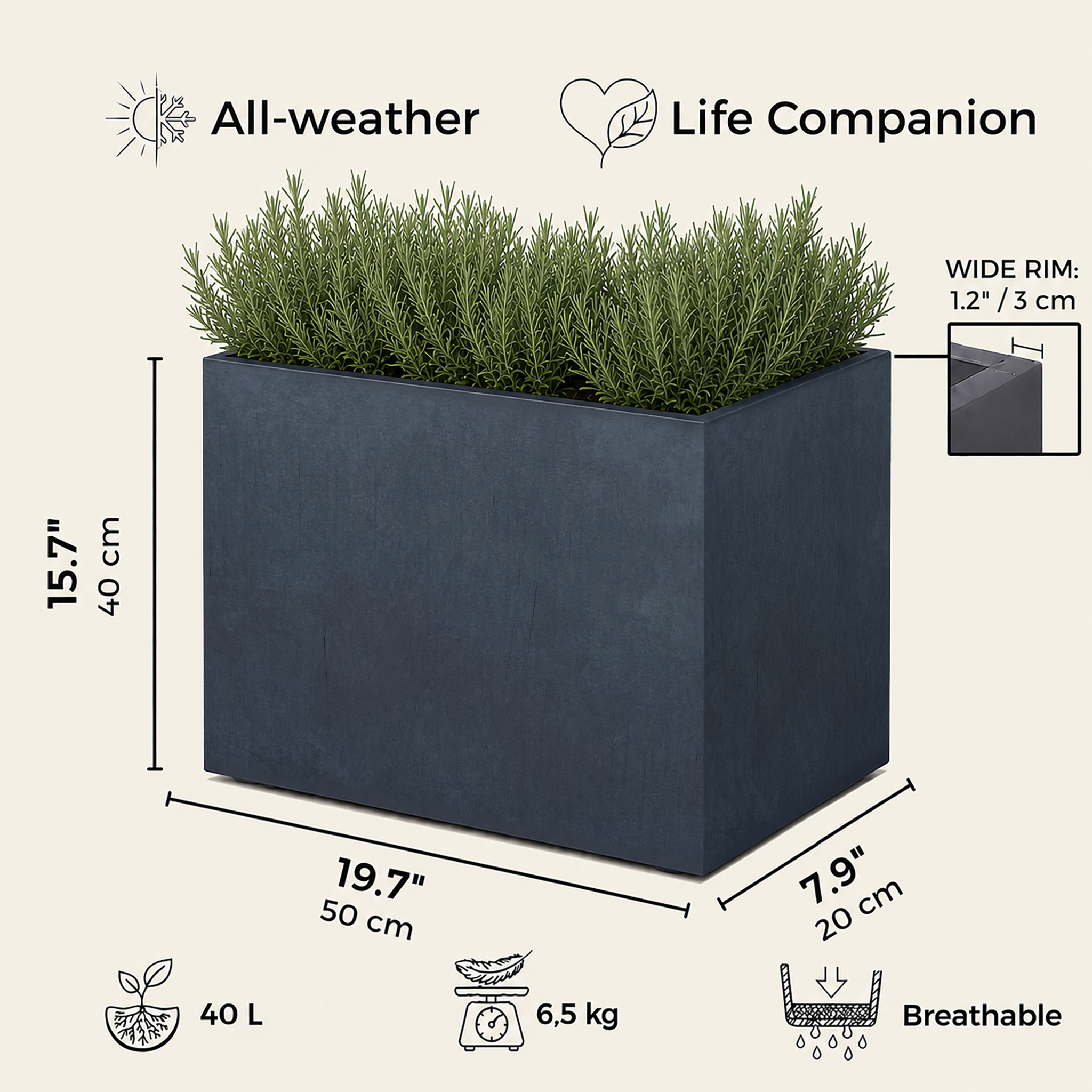 IDEALIST Lite Contemporary Light Concrete Trough Planter