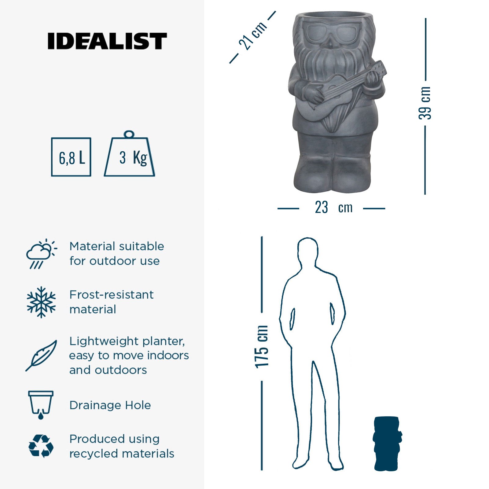 IDEALIST Lite Gnome with a Guitar Oval Plant Pot Outdoor